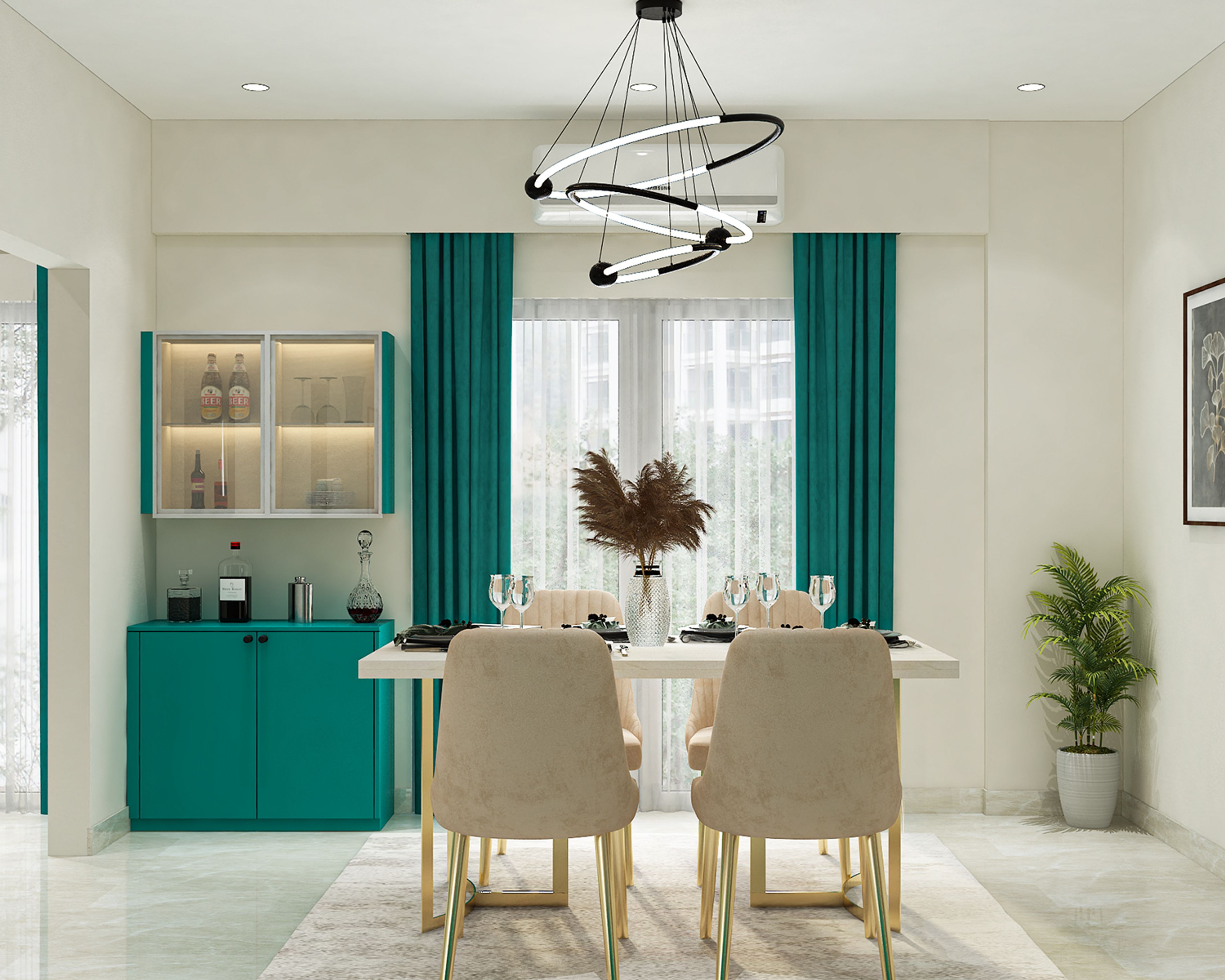 Contemporary Living Room Aqua Green Home Bar Design with Matte Finish