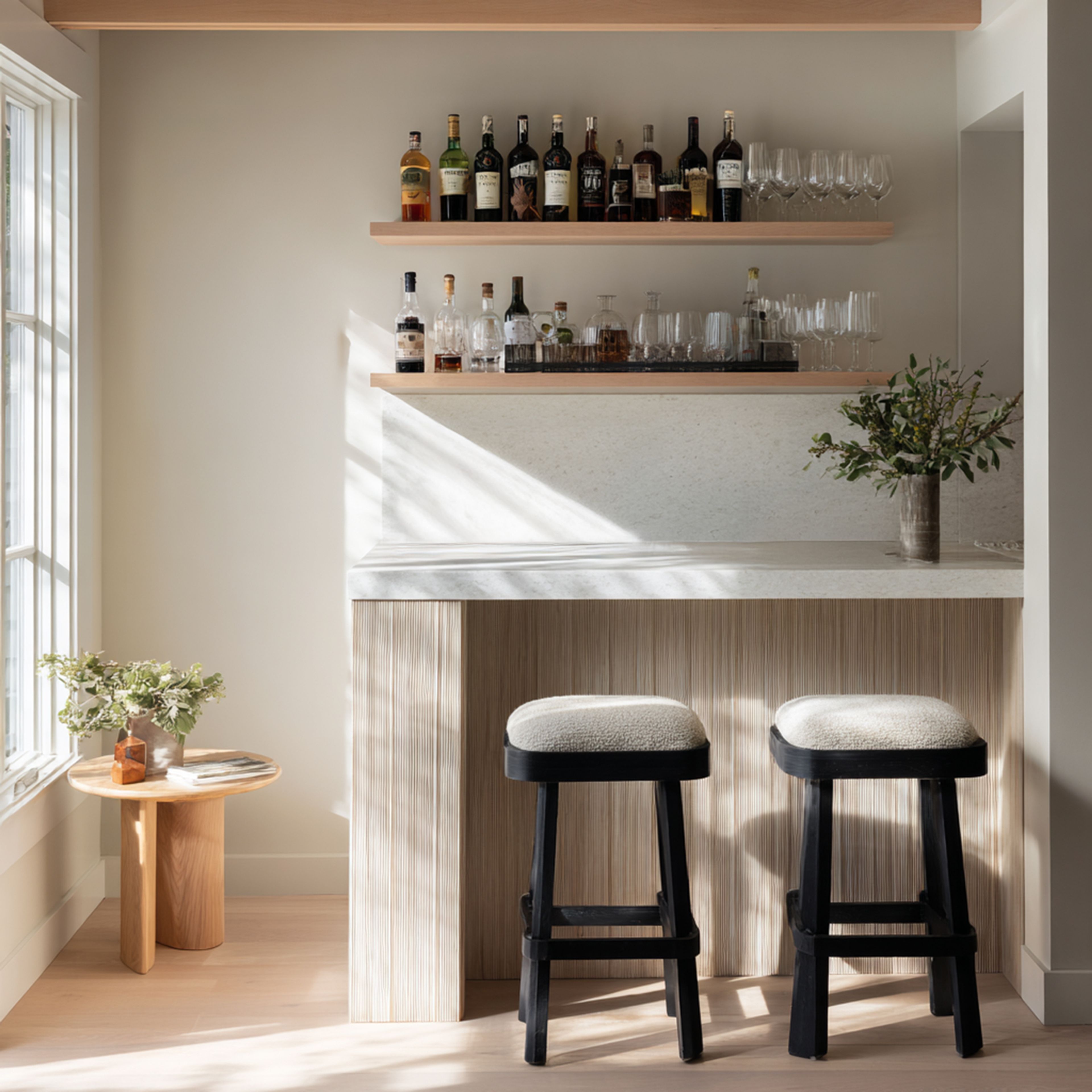 Scandinavian Home Bar Design with Walnut Finish and Floating Shelves