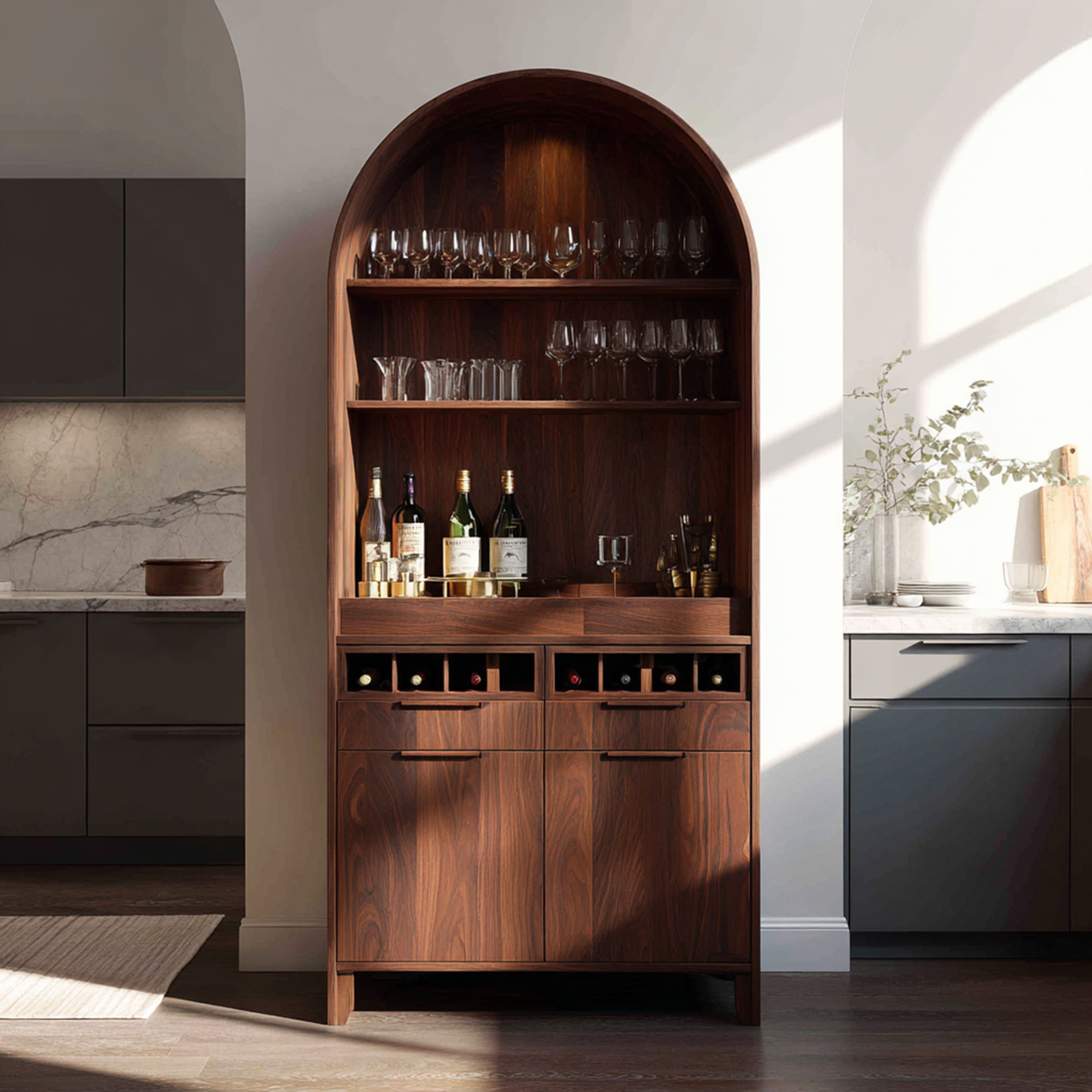 Contemporary Home Bar Design with Arched Display and Wine Storage