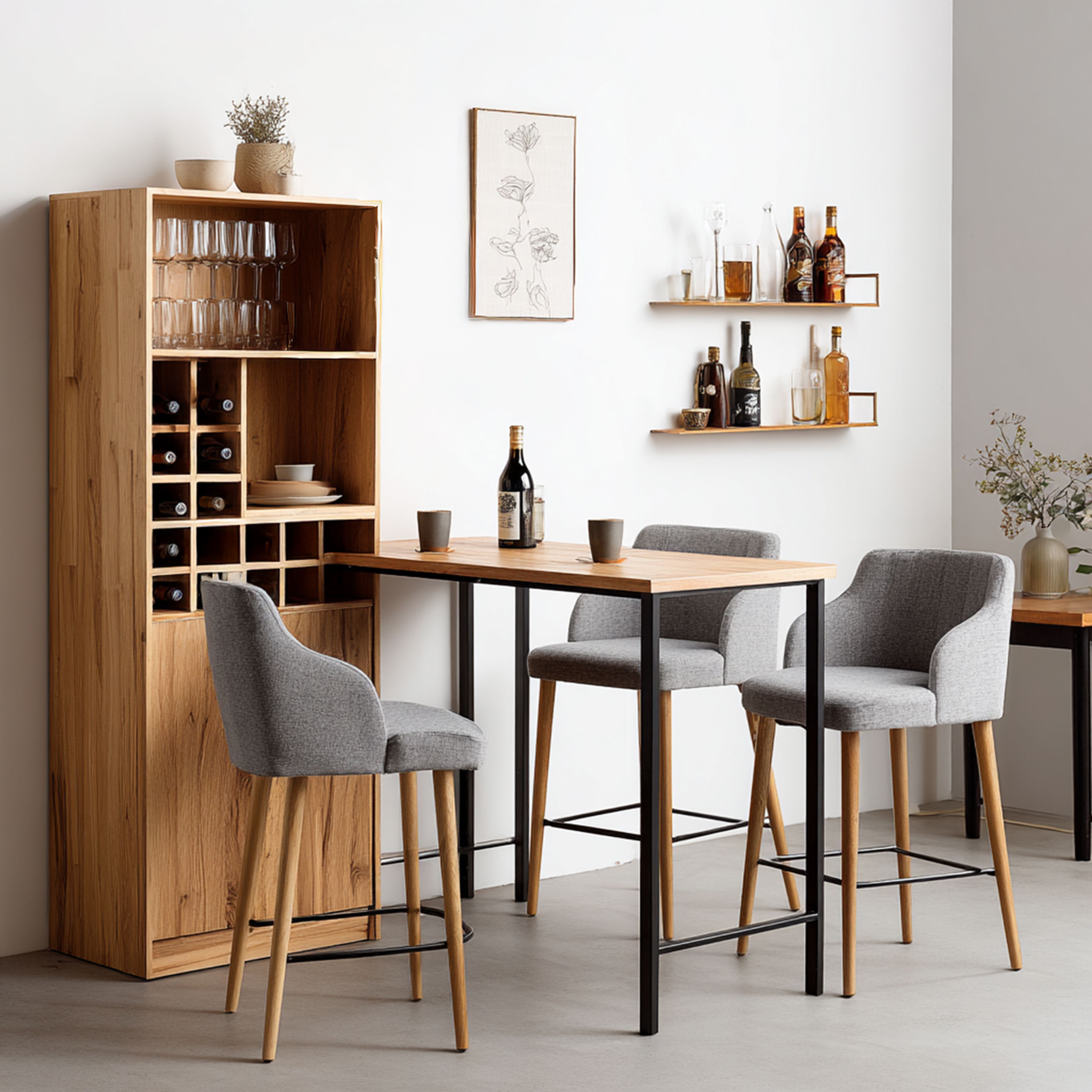 Scandinavian Home Bar Design with Wine Rack and Floating Shelves