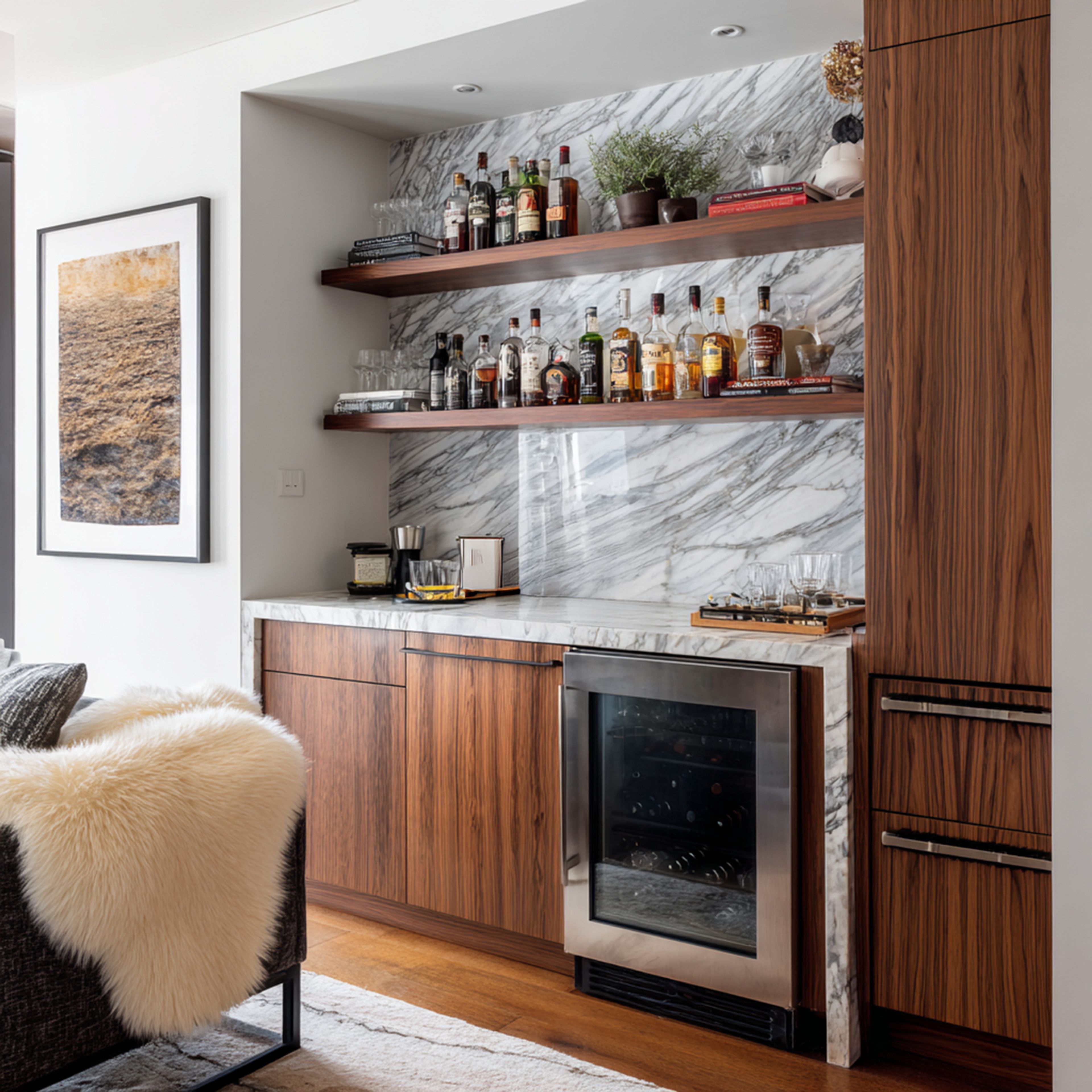 Walnut Matte Finish Contemporary Home Bar Design with Wine Cooler and Display