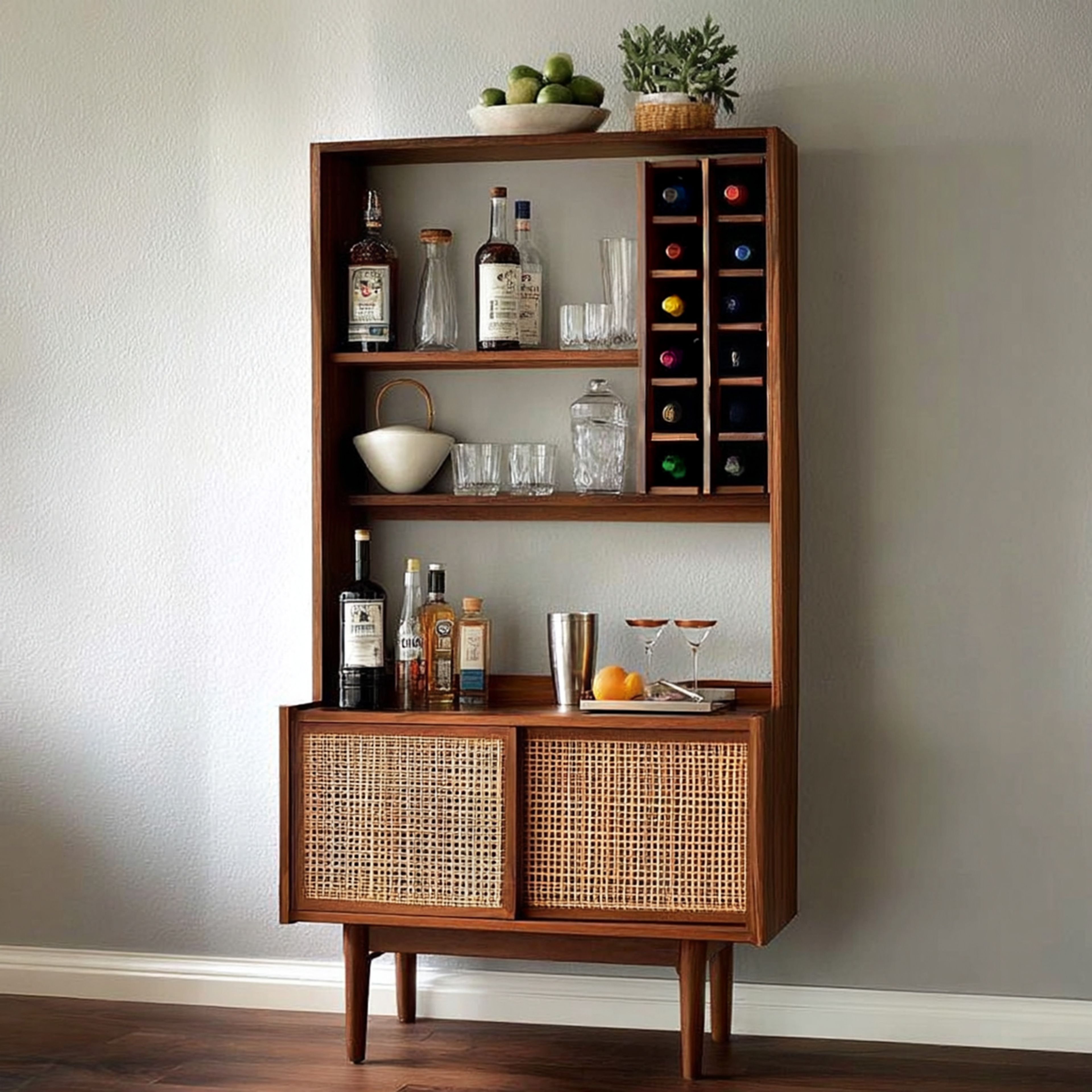 Mid-Century Modern Walnut Home Bar Design with Cane Cabinet and Wine Rack