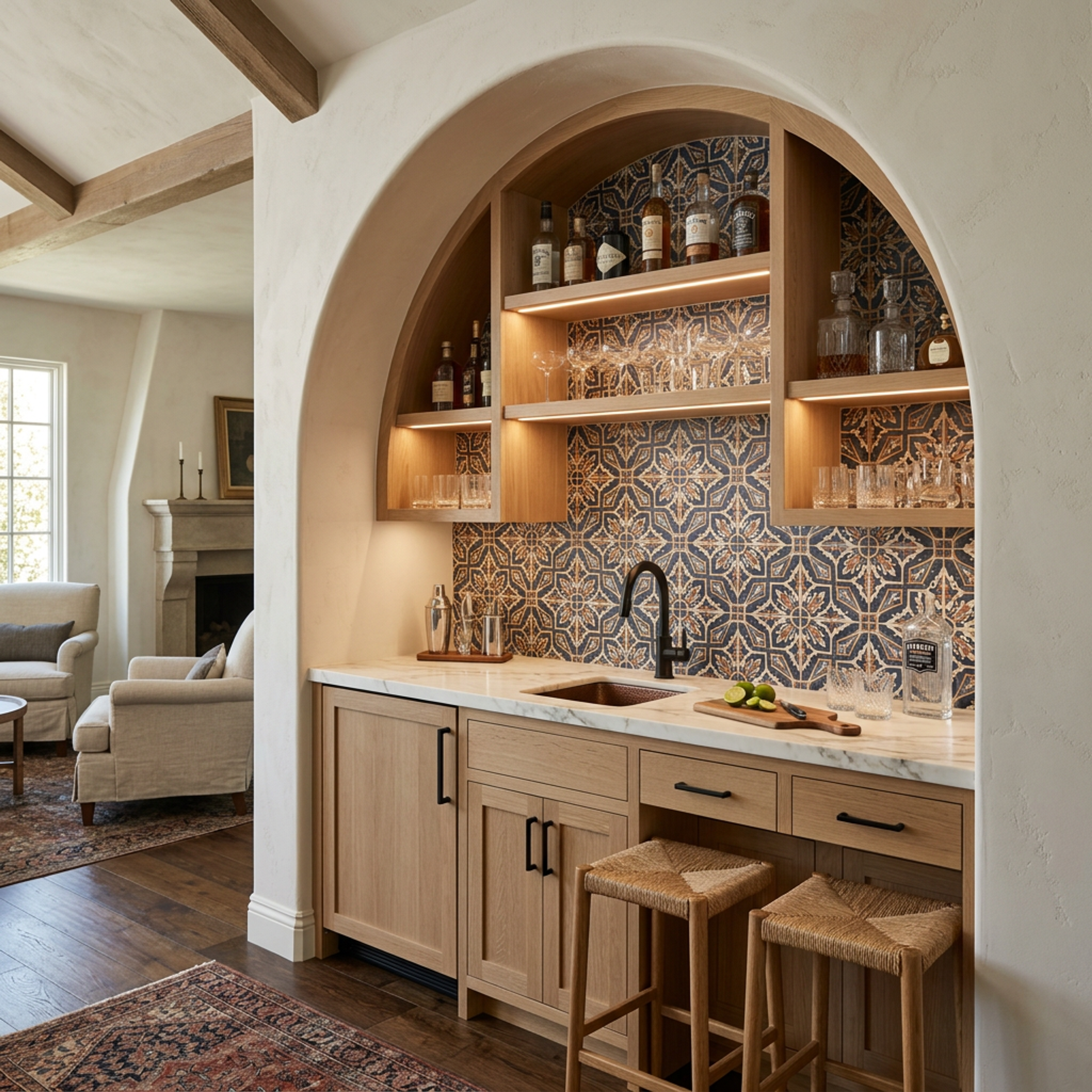 Contemporary Acacia Walnut Home Bar Design with Storage and Arched Shelves