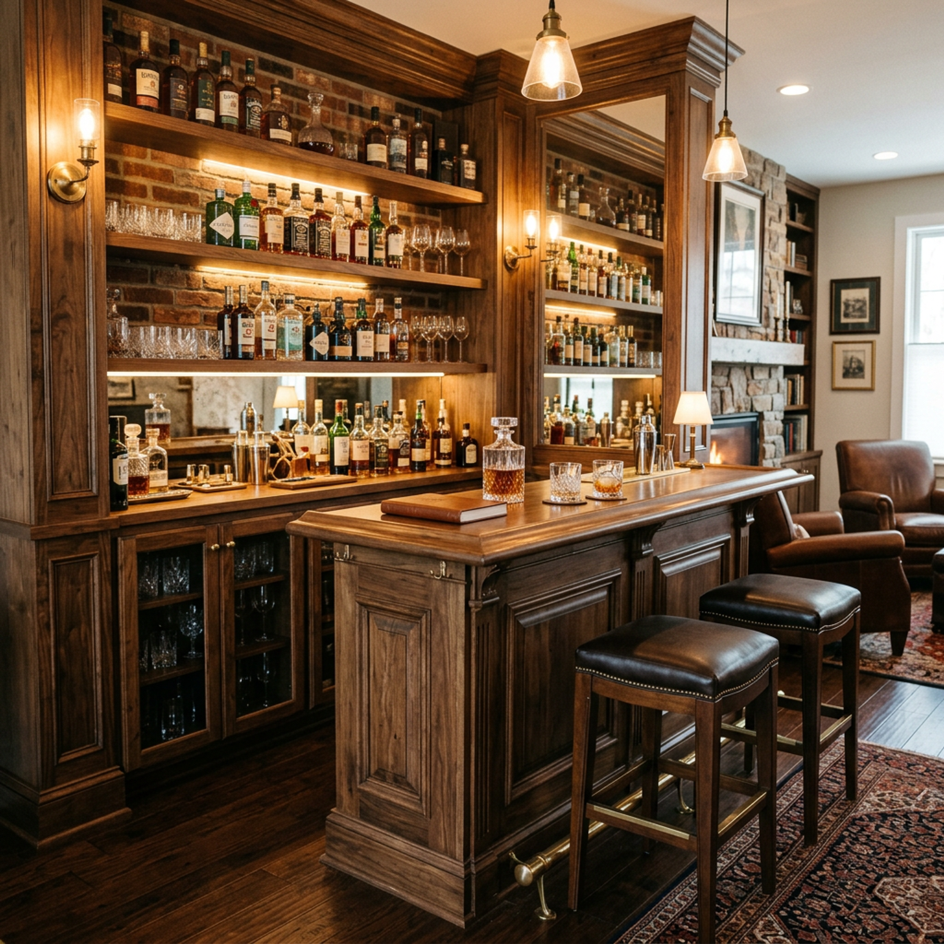 Contemporary Brown Home Bar Design with Dark Wood Storage Cabinets