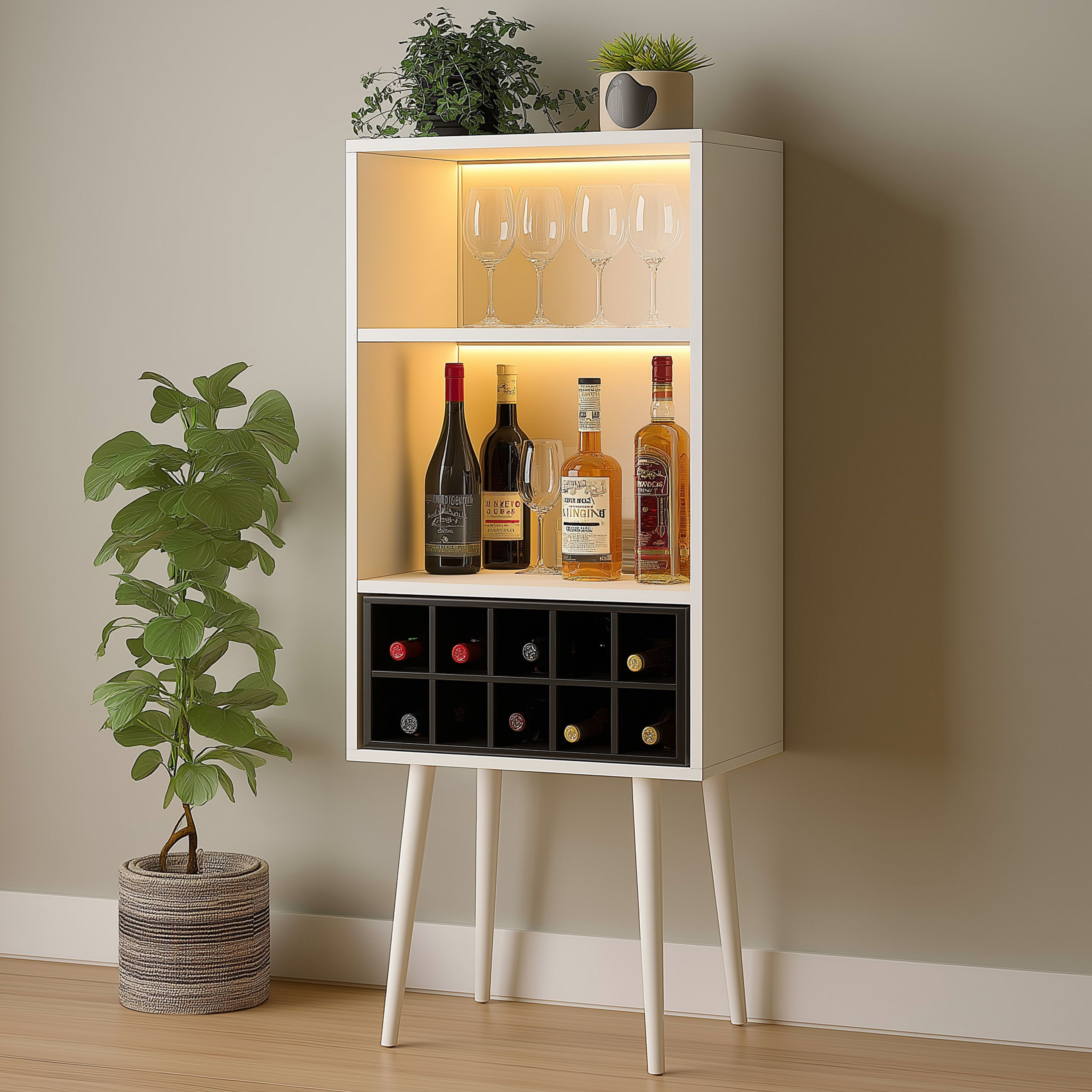 White and Wood Modern Home Bar Design with Wine Rack and Matte Finish