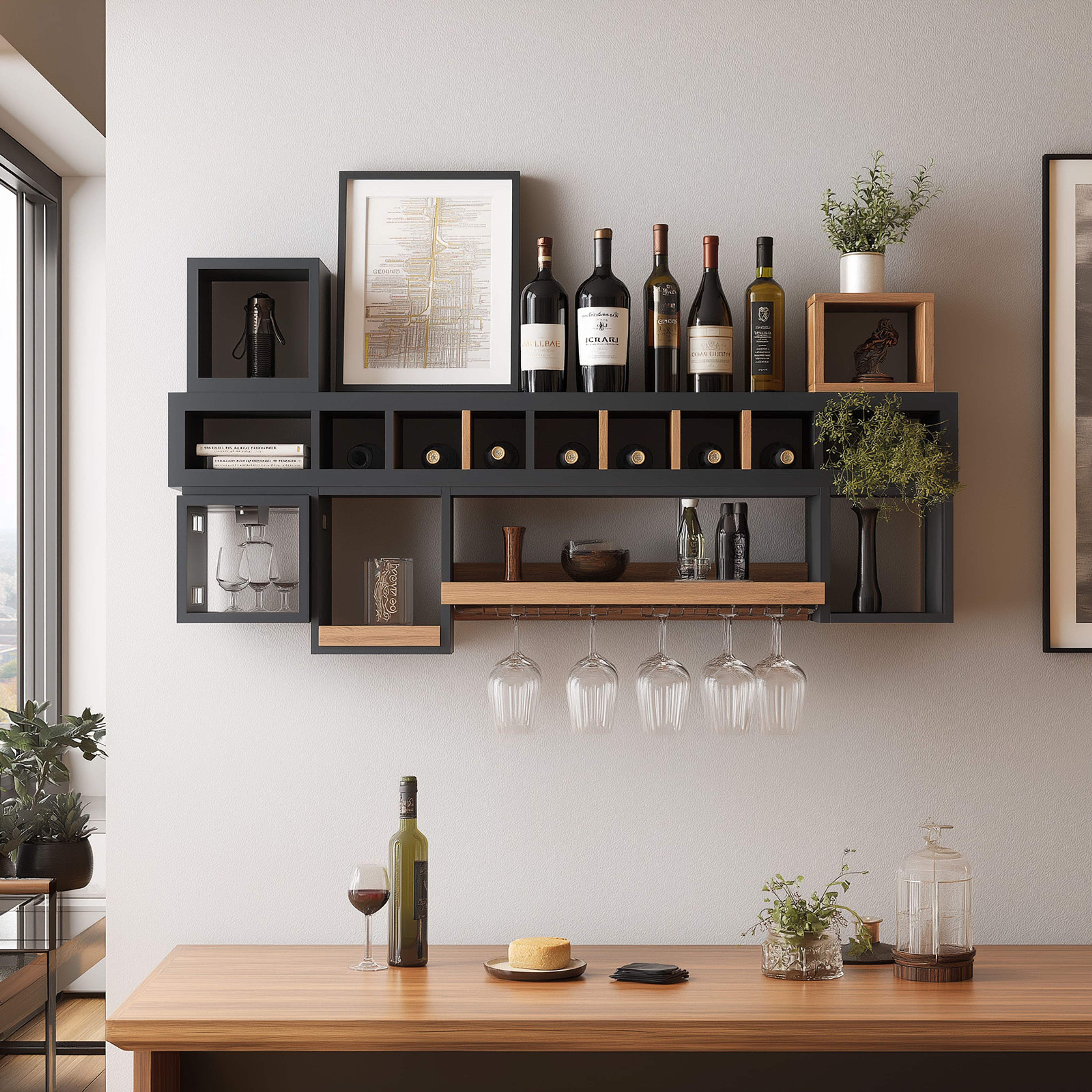 Black and Wood Modern Home Bar Design with Bottle Racks and Glass Holders