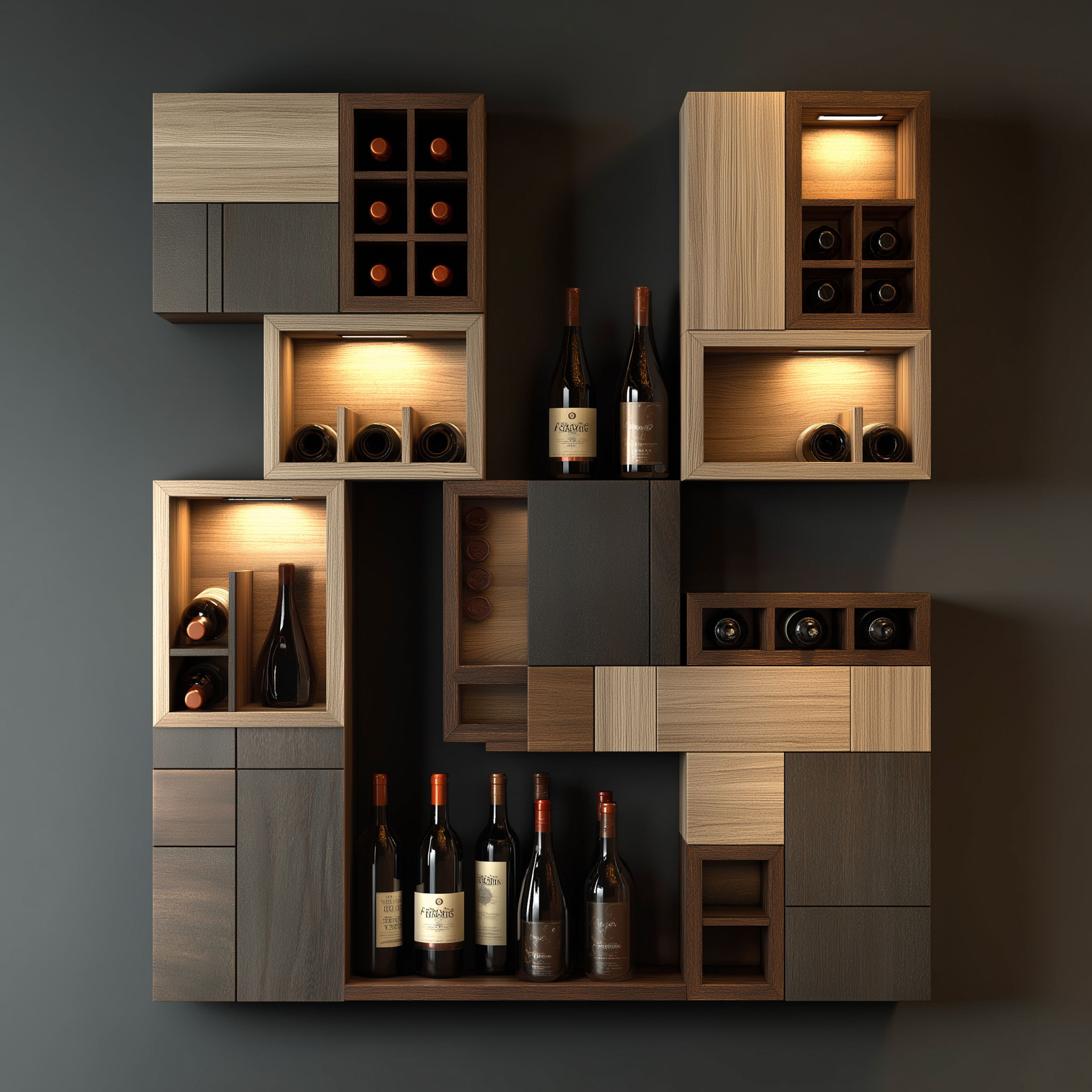 Wooden Shade Contemporary Home Bar Design with Modular Box Shelves