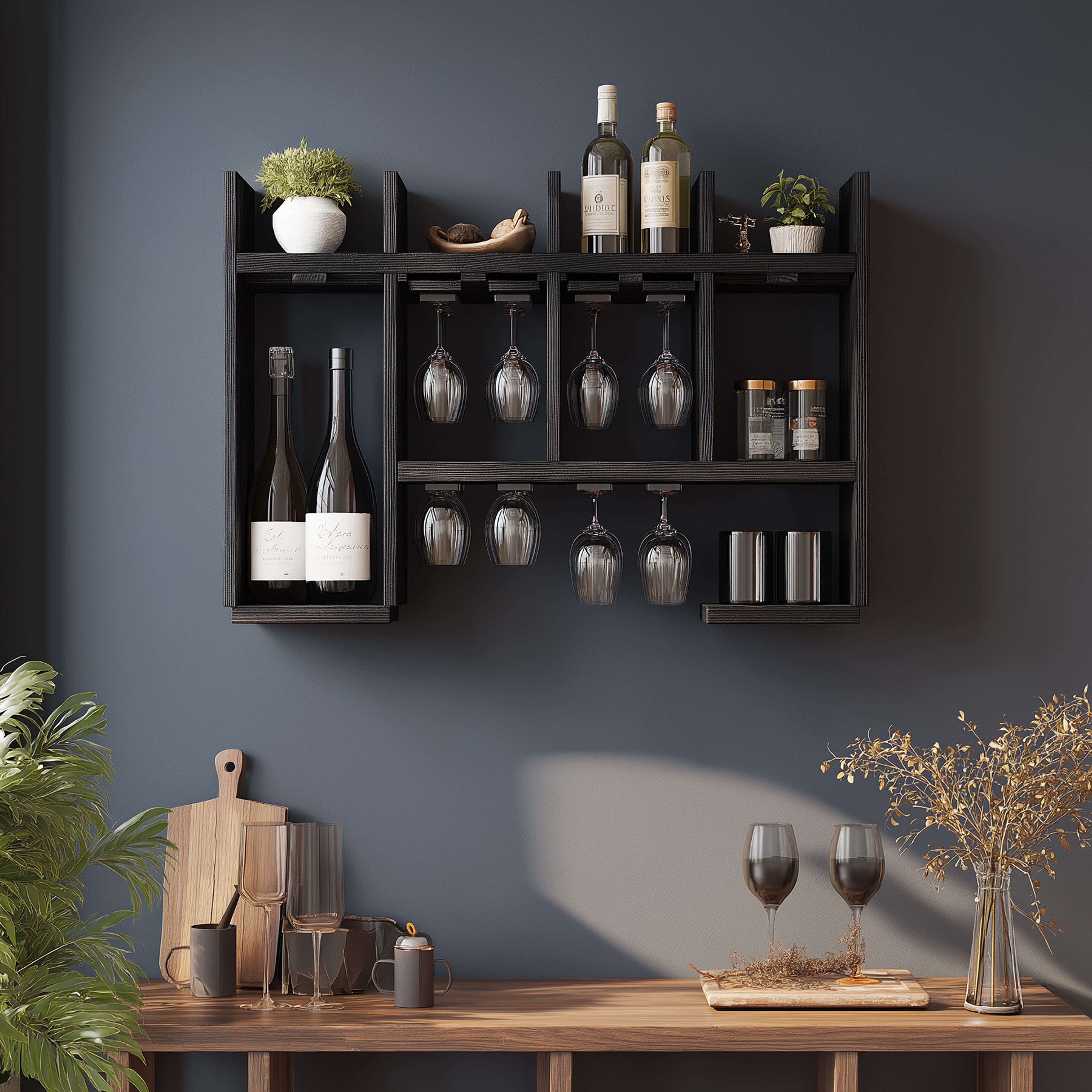 Modern Home Bar Design with Black Wood Matte Finish and Hanging Glass Holders