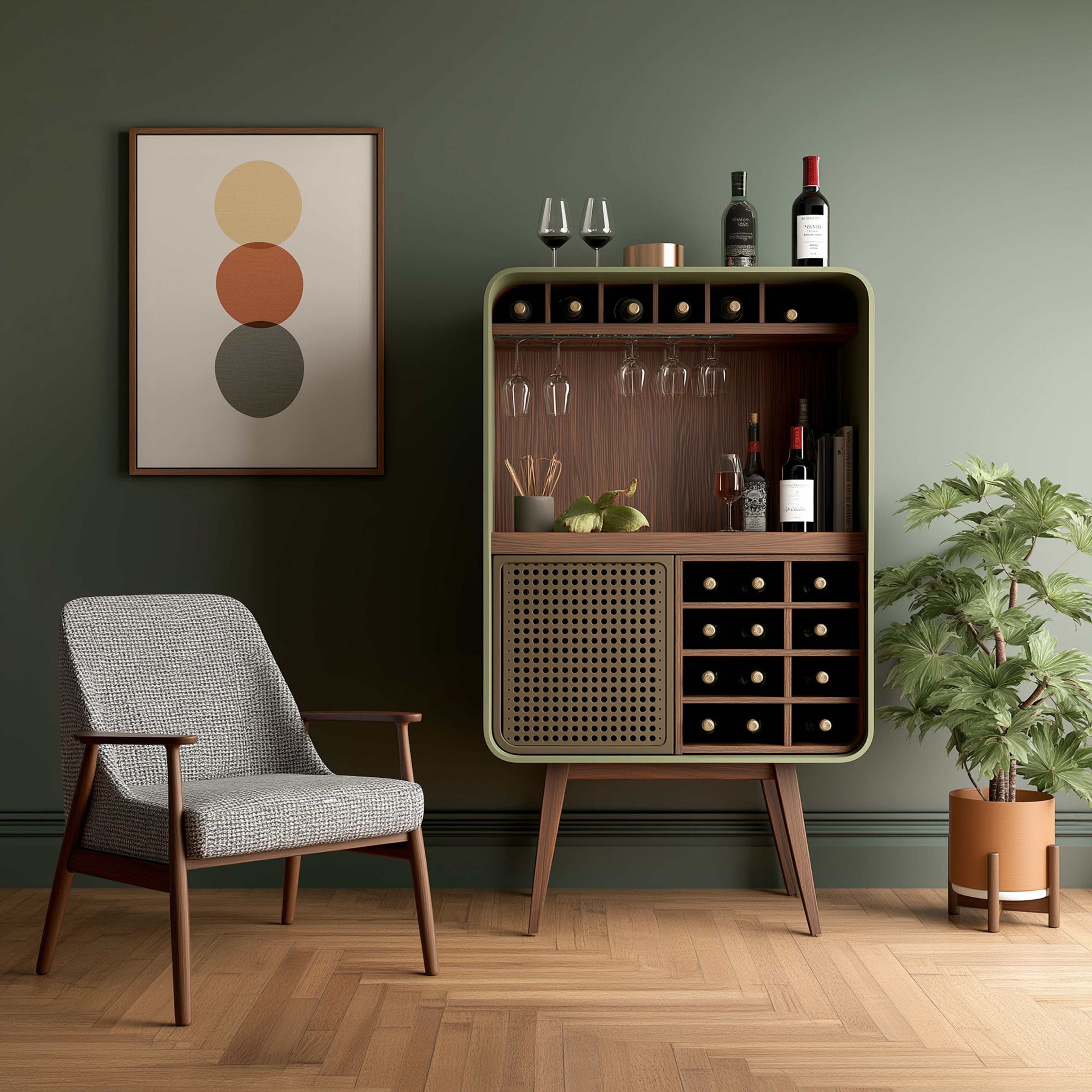 Olive Green and Wood Contemporary Home Bar Design with Hanging Glass Holders