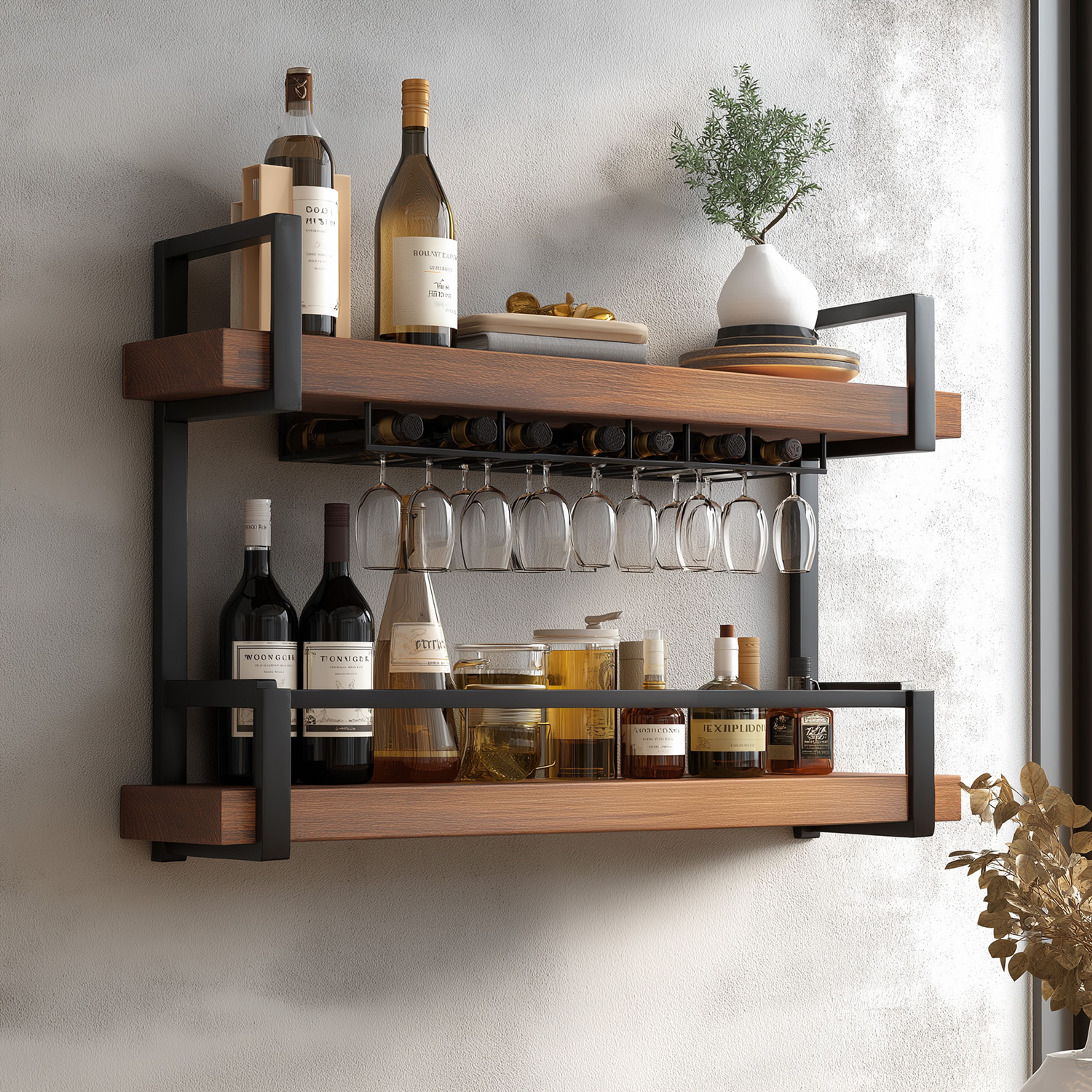 Modern Home Bar Design with Wood and Metal Frame and Bottle Racks