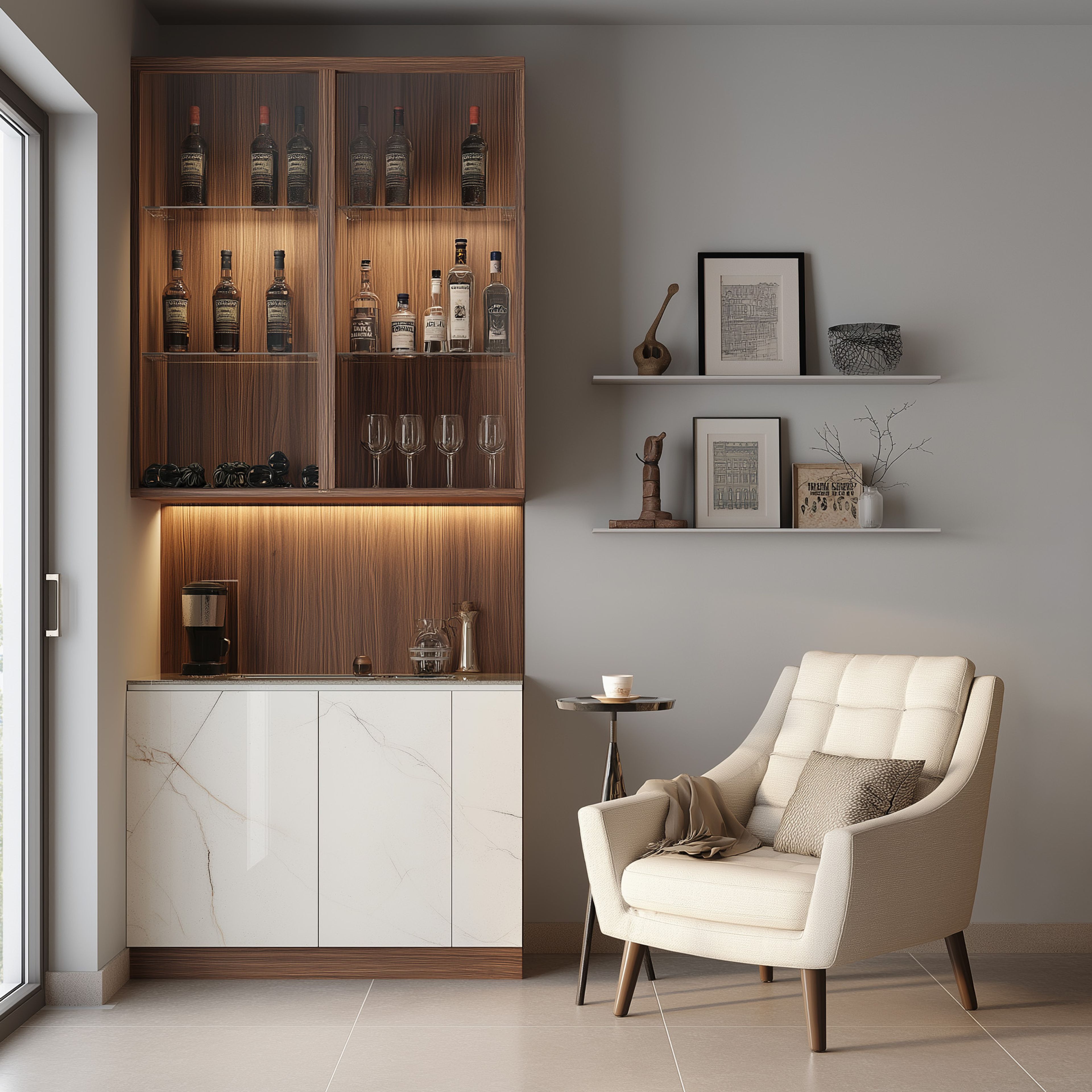 Marble Look White and Wood Finish Modern Home Bar Design with Concealed Storage