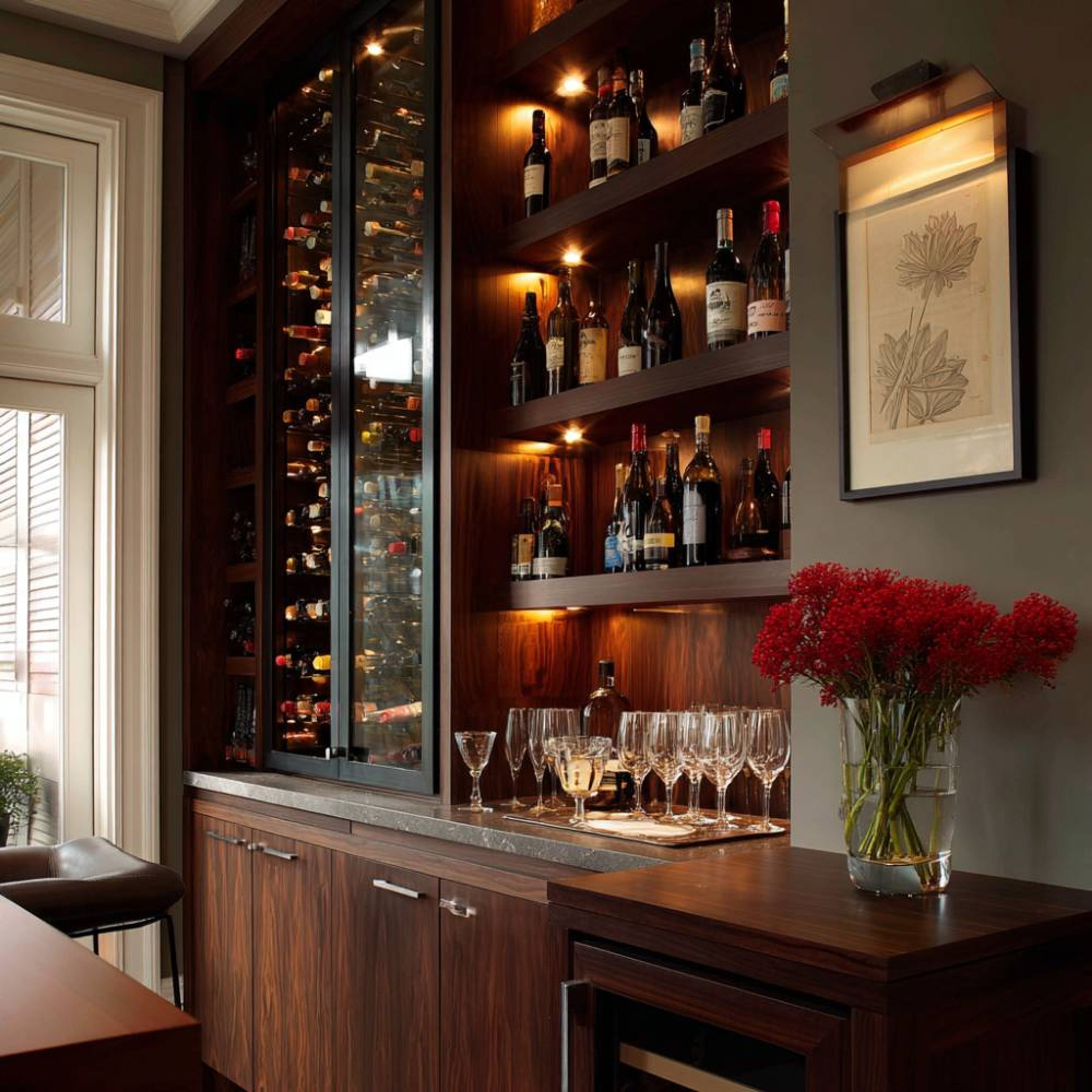 Modern Walnut Brown Home Bar Design with Glass Shelves and Matte Finish
