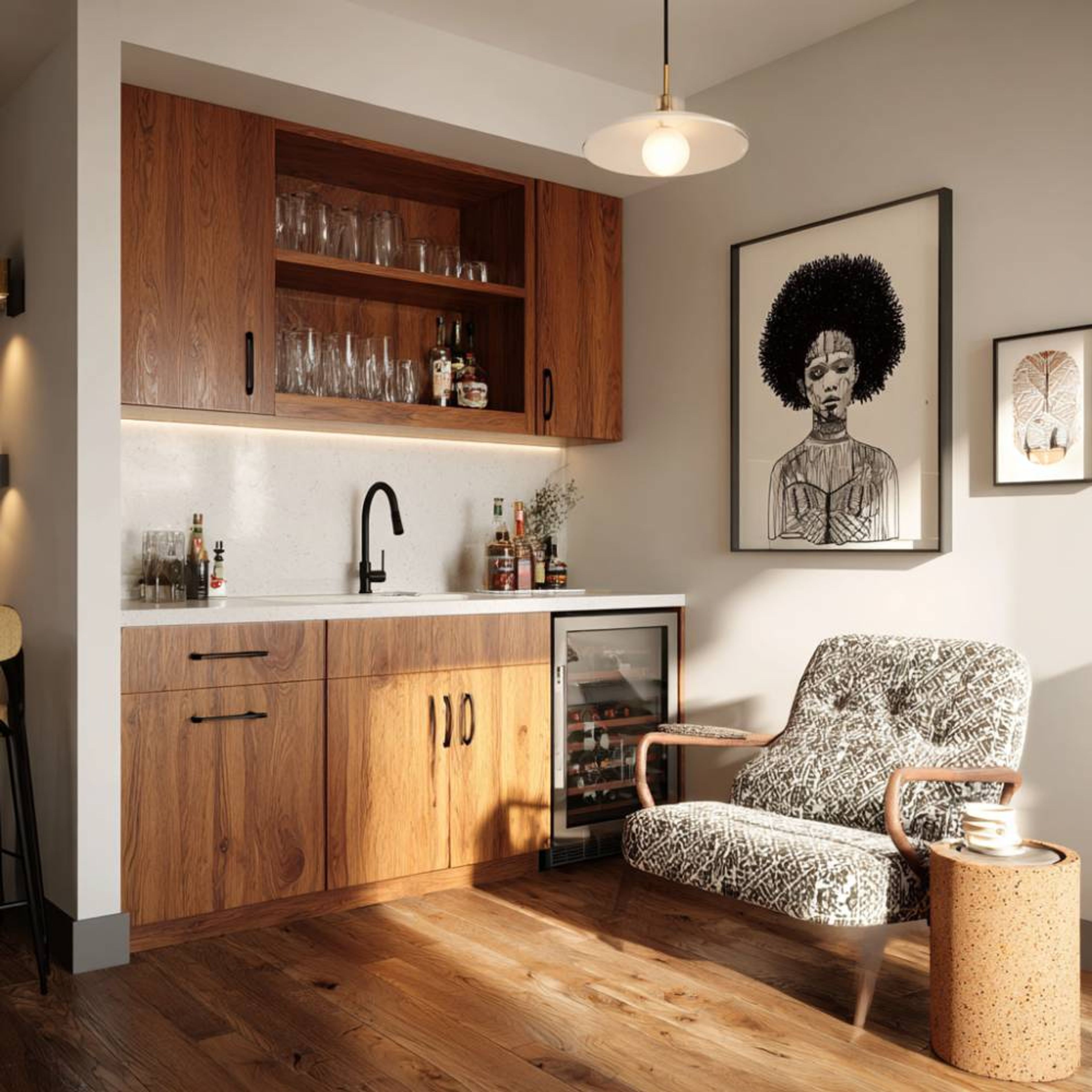 Oak and Deep Brown Classic Home Bar Design with Suede Finish