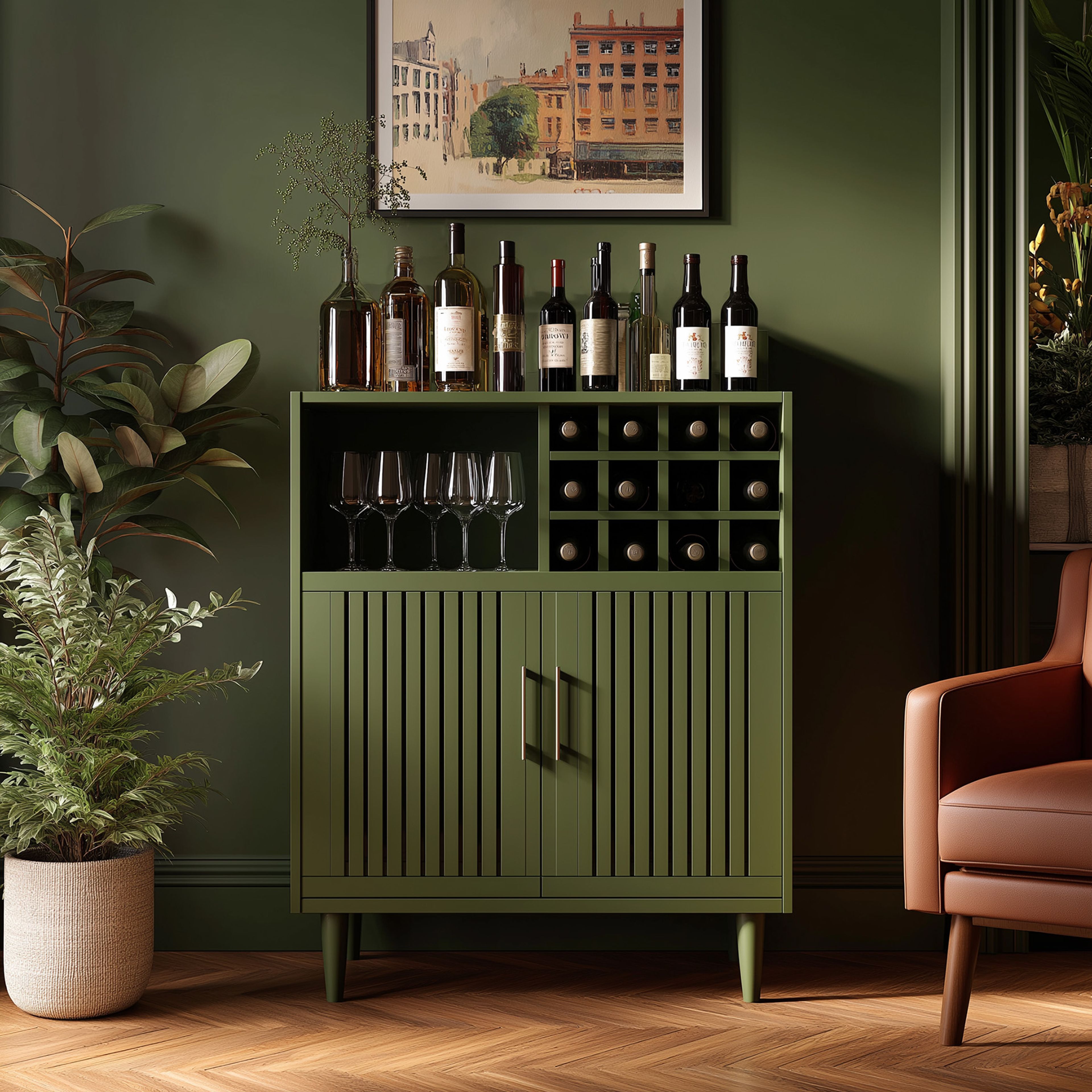 Classic Olive Green Home Bar Design with Wine Rack and Cabinets