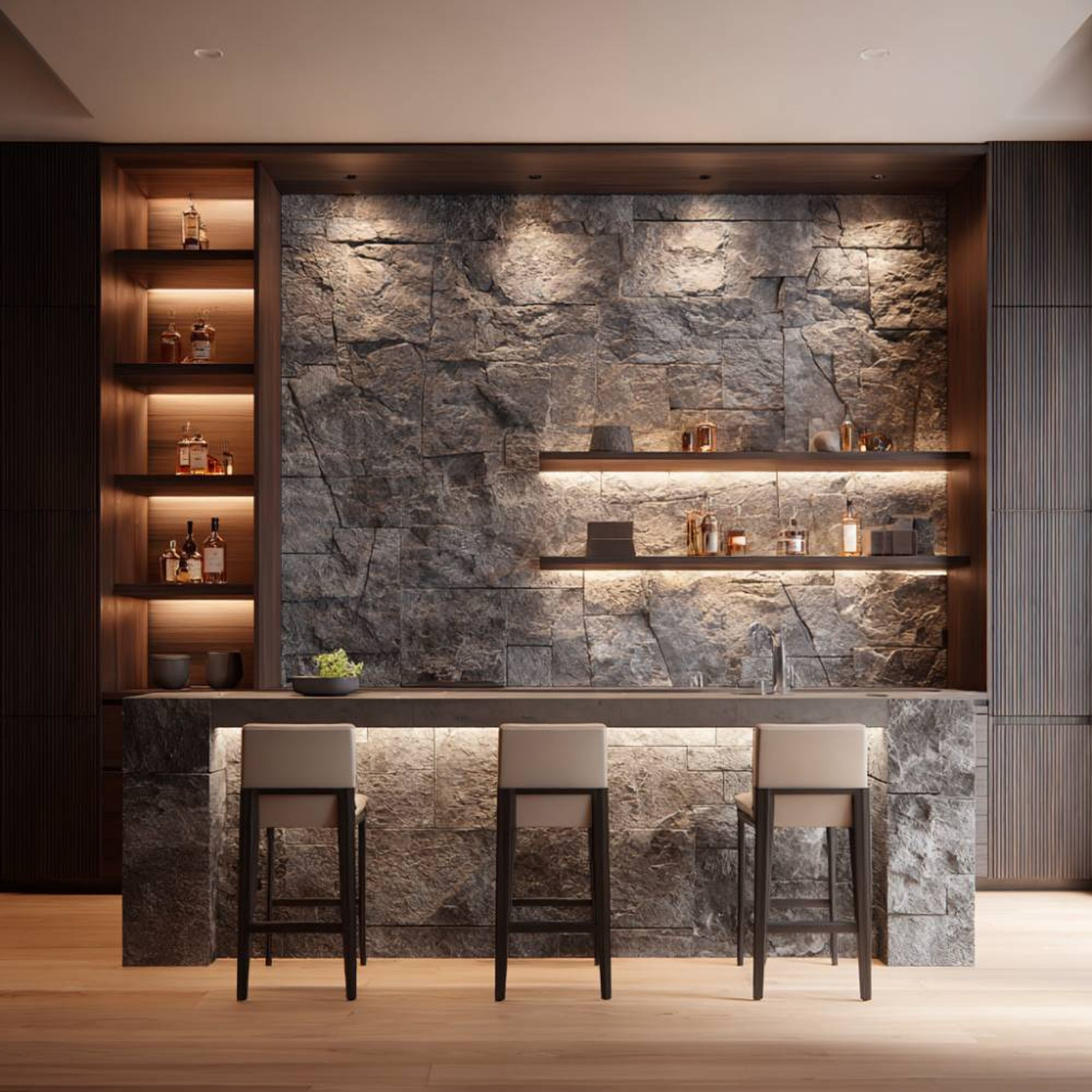 Modern Brown and Stone Cladded Home Bar Design with Wooden Cabinet