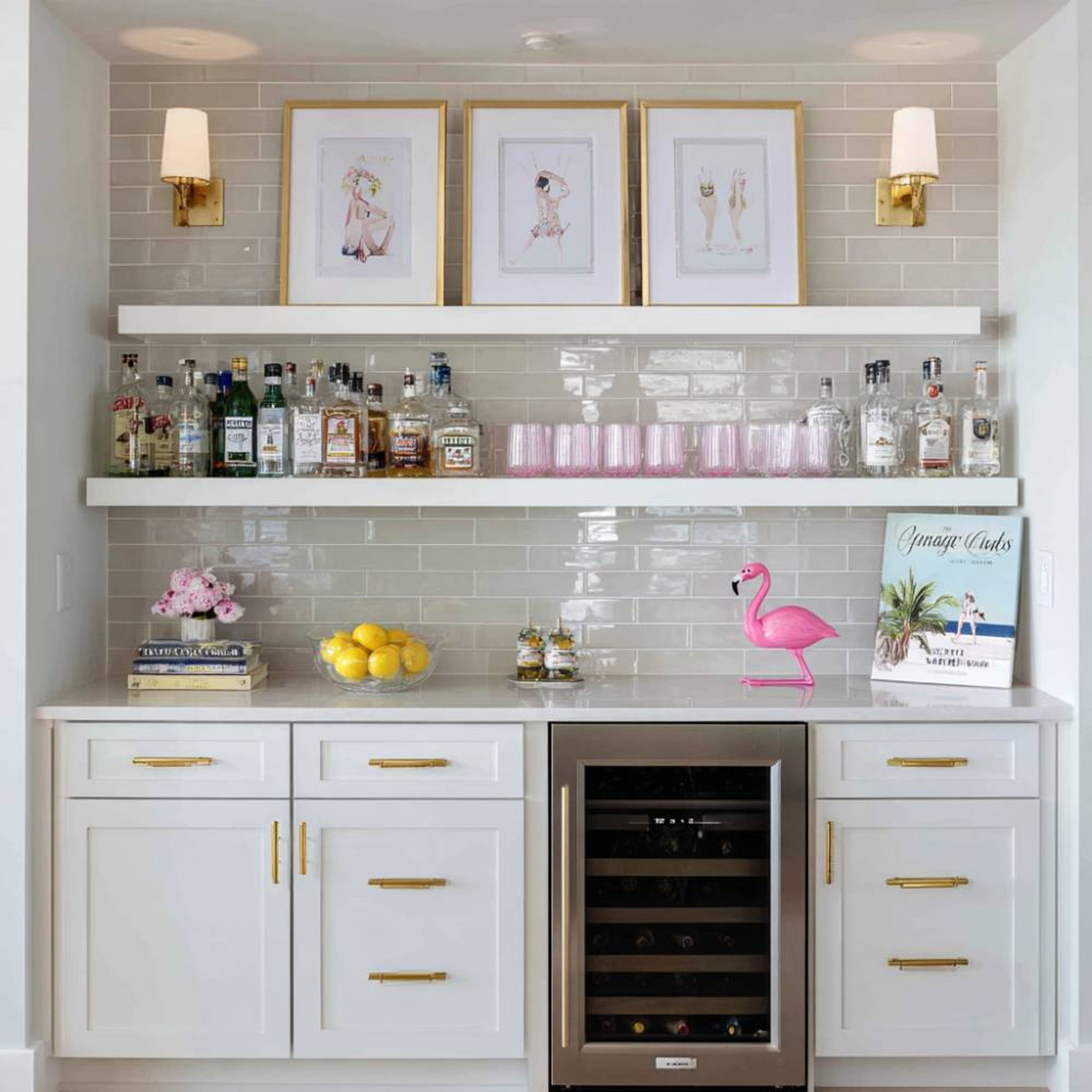 Classic Home Bar Design with White Shaker Cabinets and Matte Finish