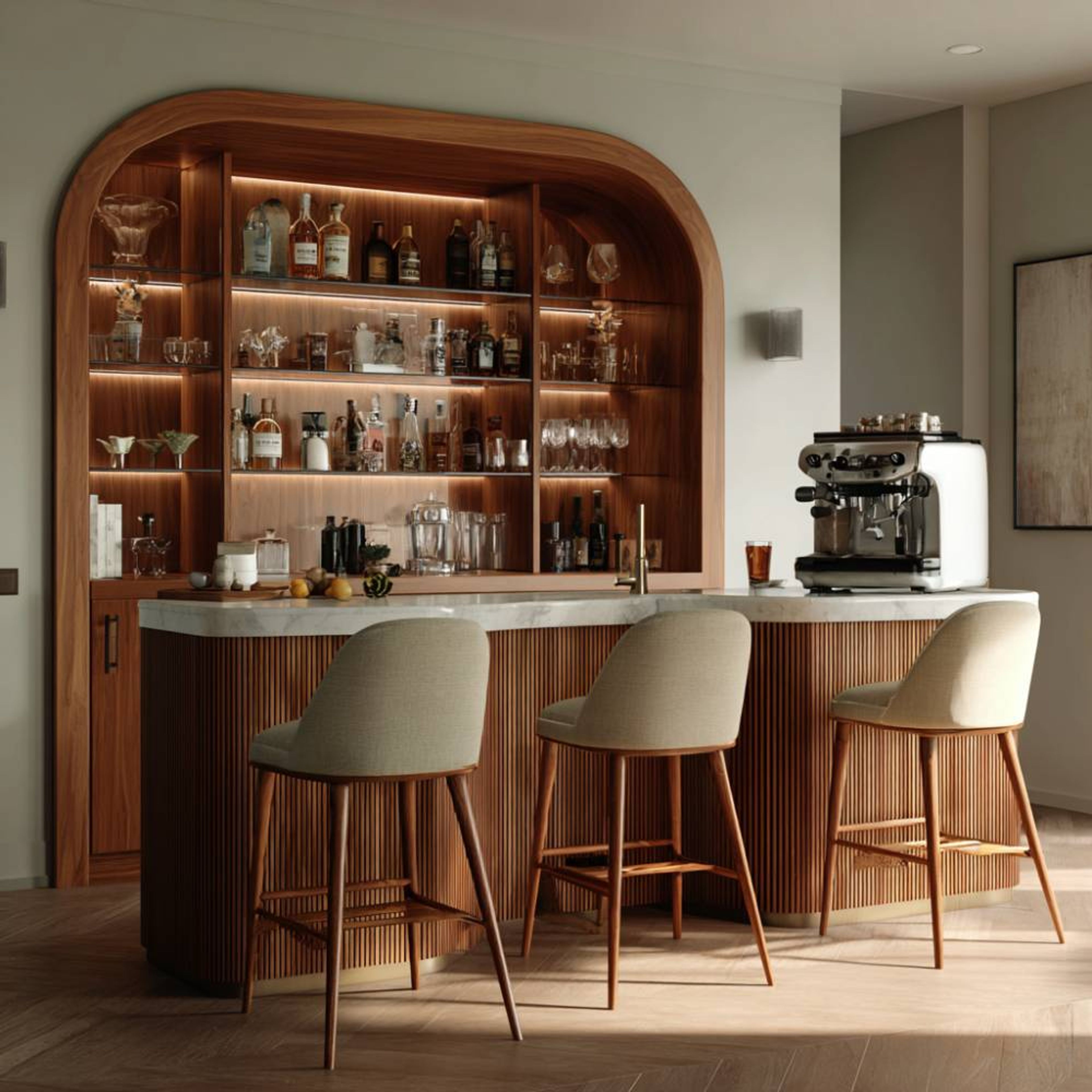 Contemporary Home Bar Design with Curved Walnut Brown Cabinet