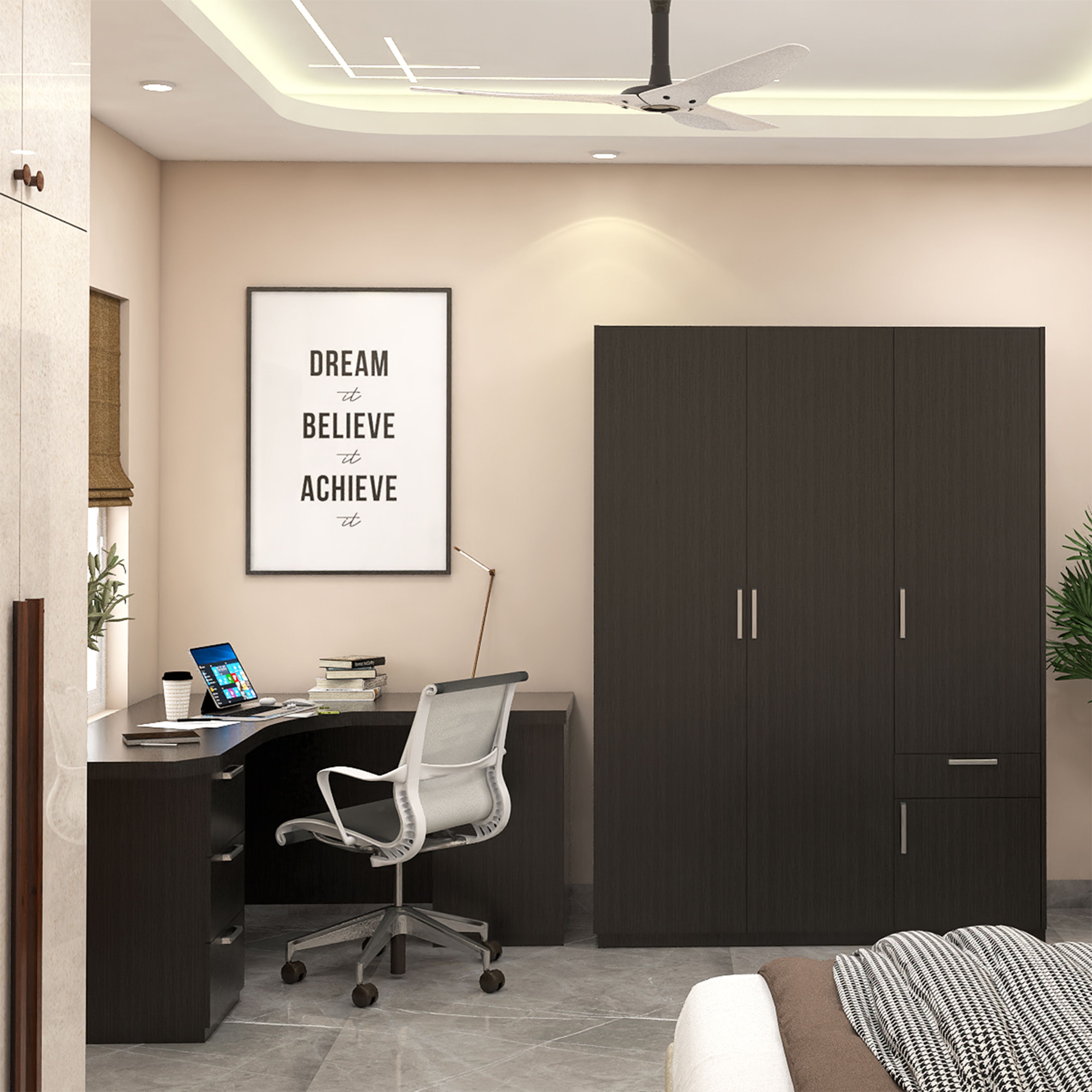 Contemporary Home Office Design with L Shaped Desk and Tall Wardrobe