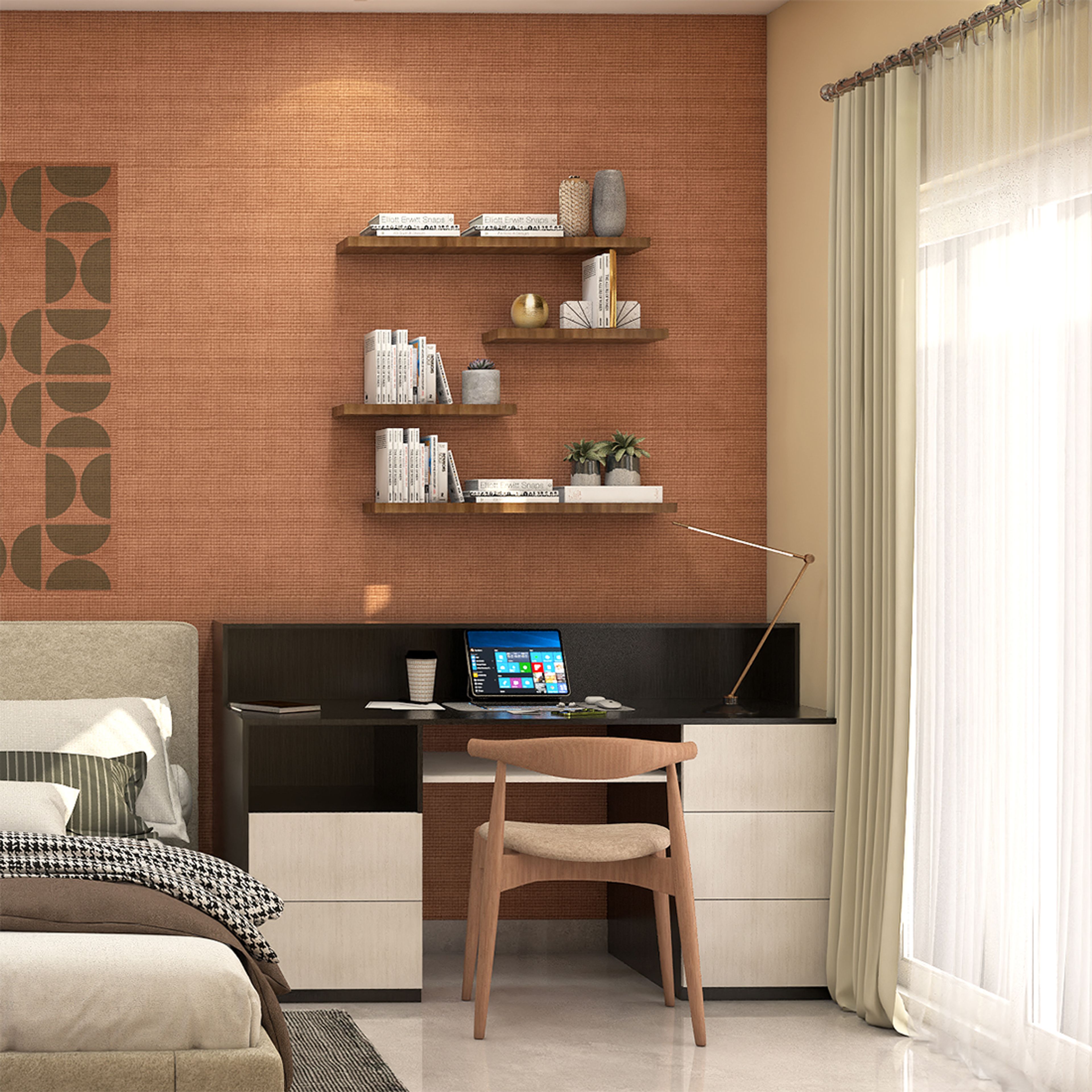 Contemporary Home Office Design with L-Shaped Desk and Floating Shelves