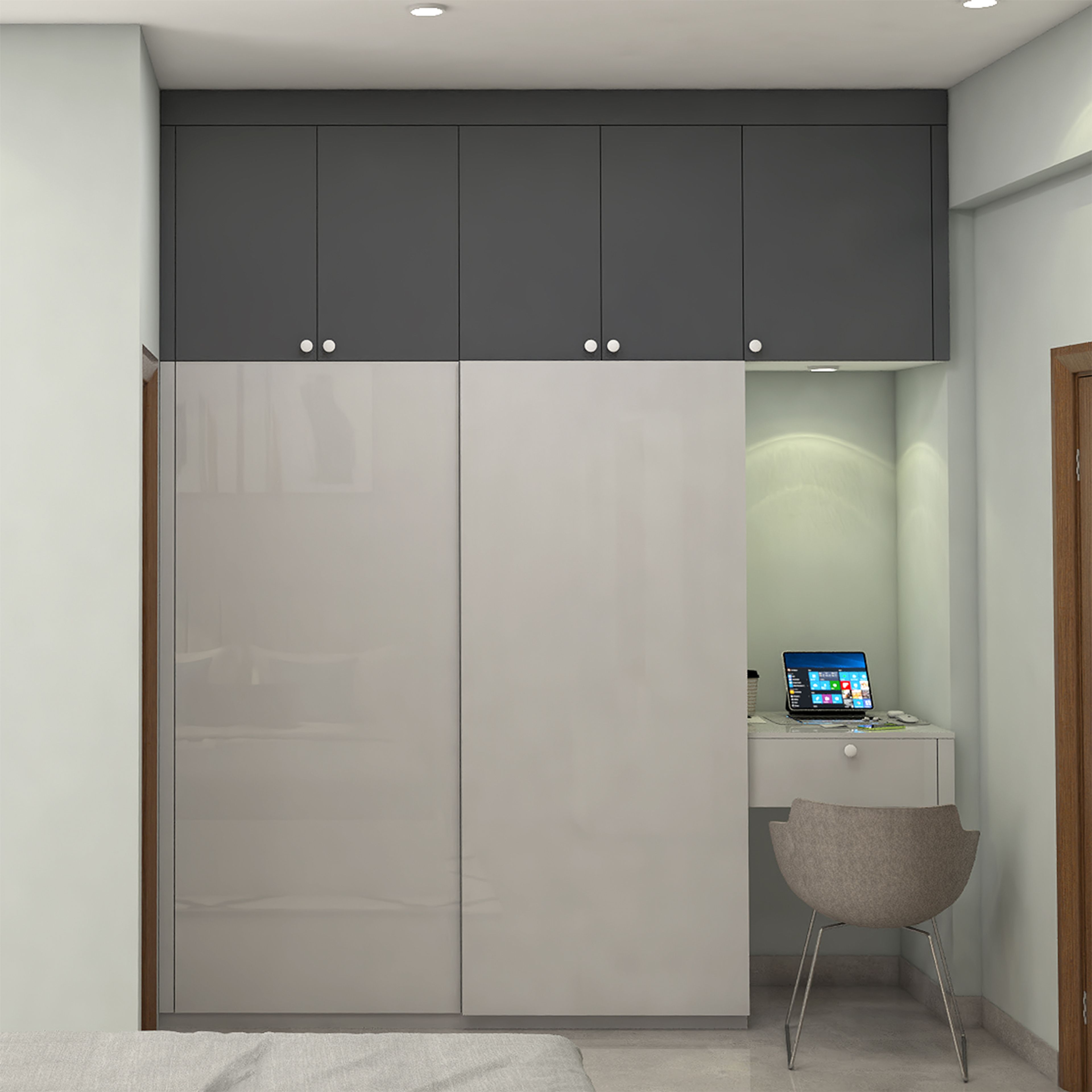 Modern Grey Home Office Design with Glossy Wardrobe and Desk Nook