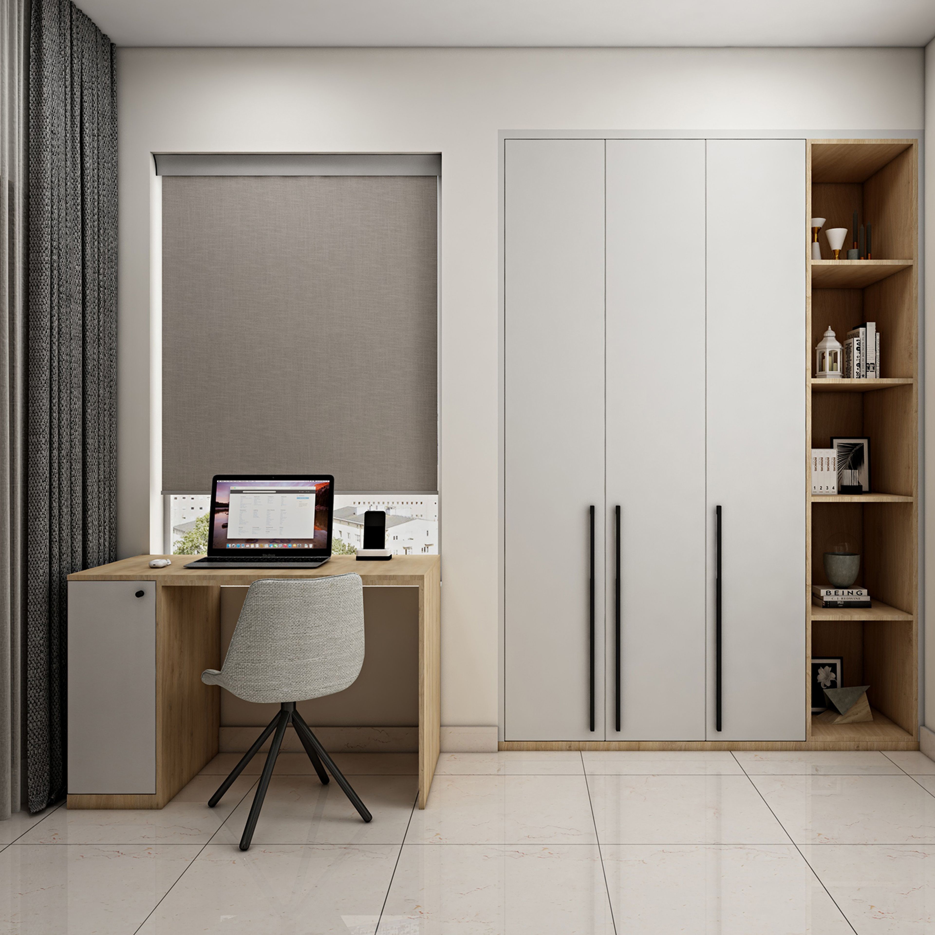 Walnut and Grey Minimal Home Office Design with Matte Finish