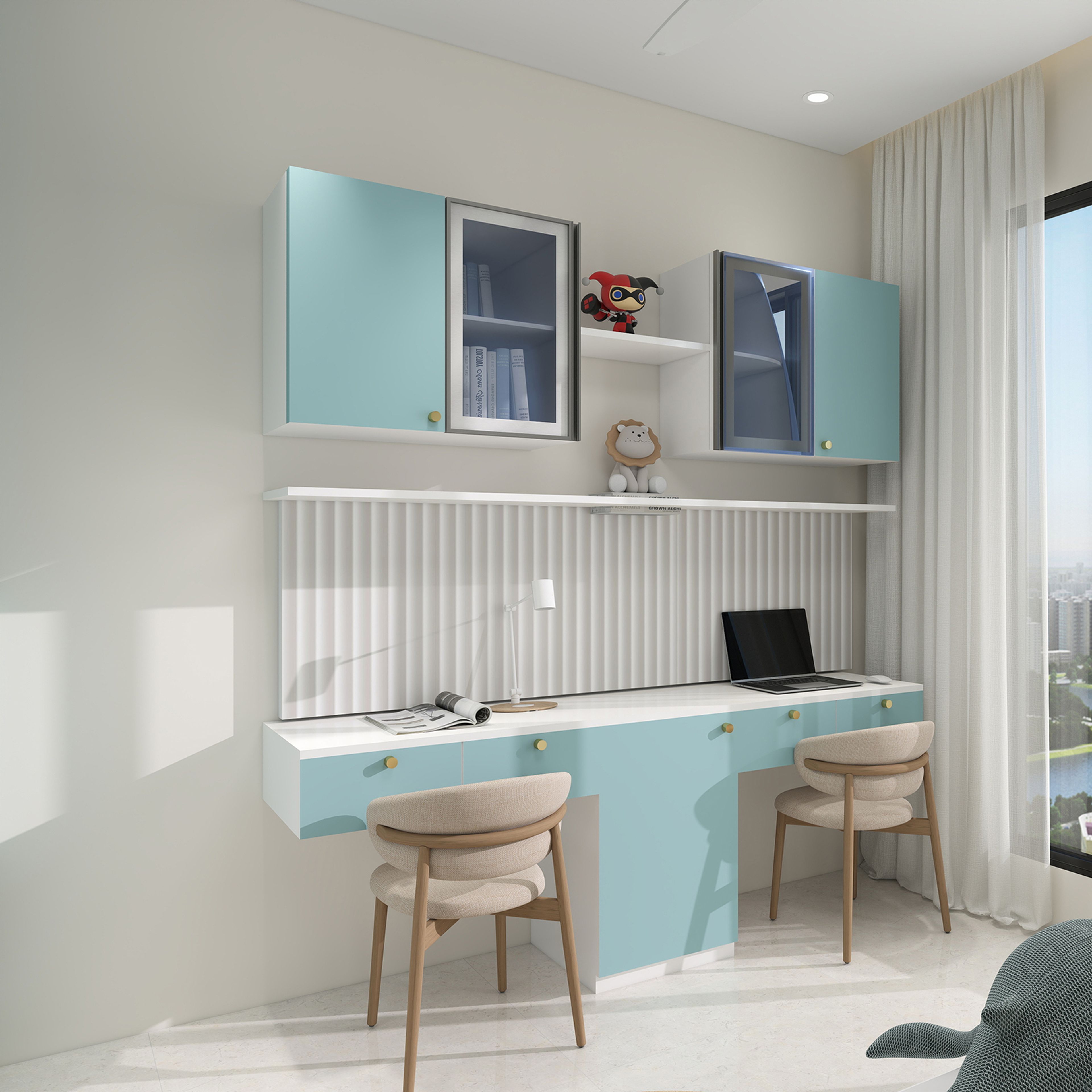 Modern Home Office Design with White and Celestial Blue Cabinetry