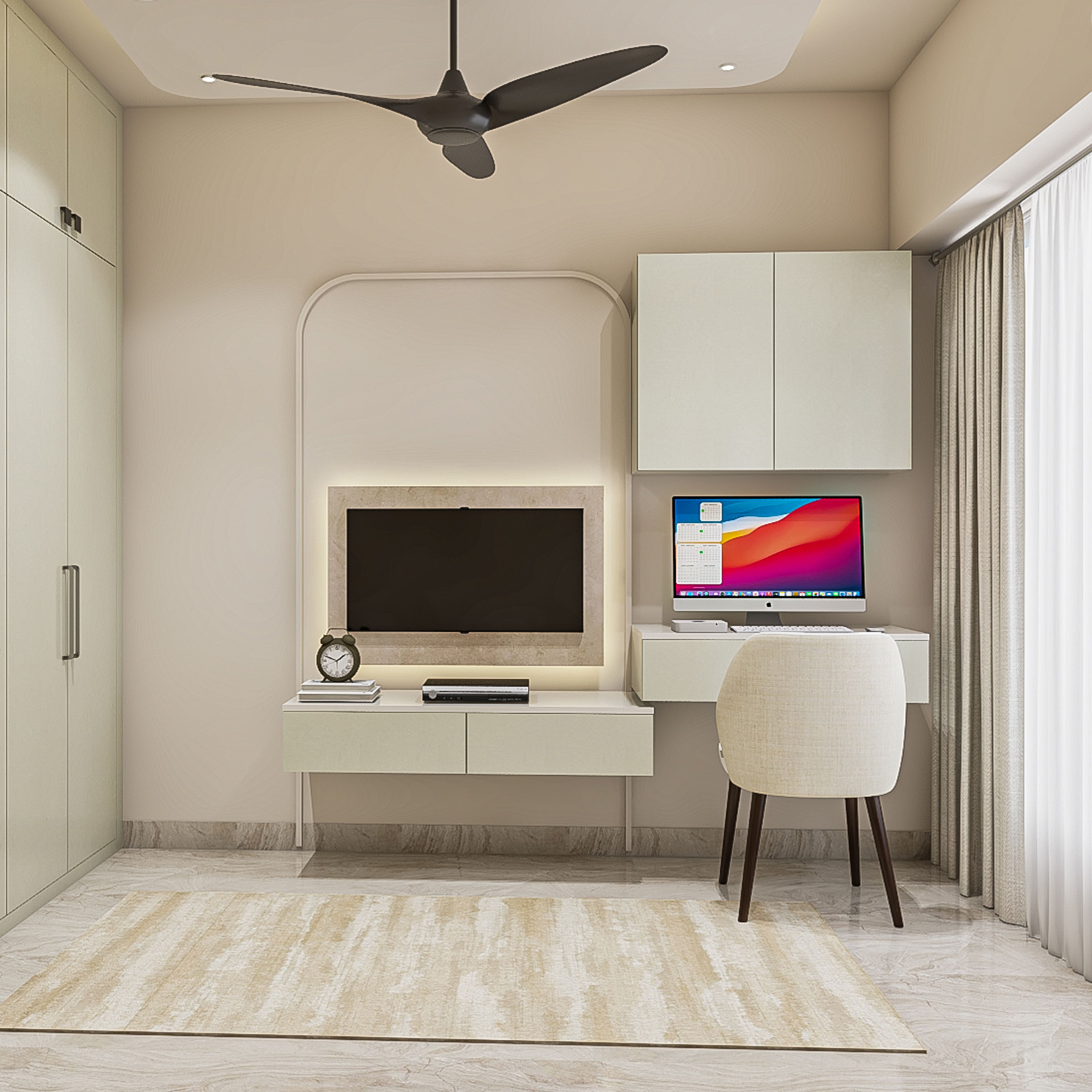 White Contemporary Home Office Design with TV Unit Beside