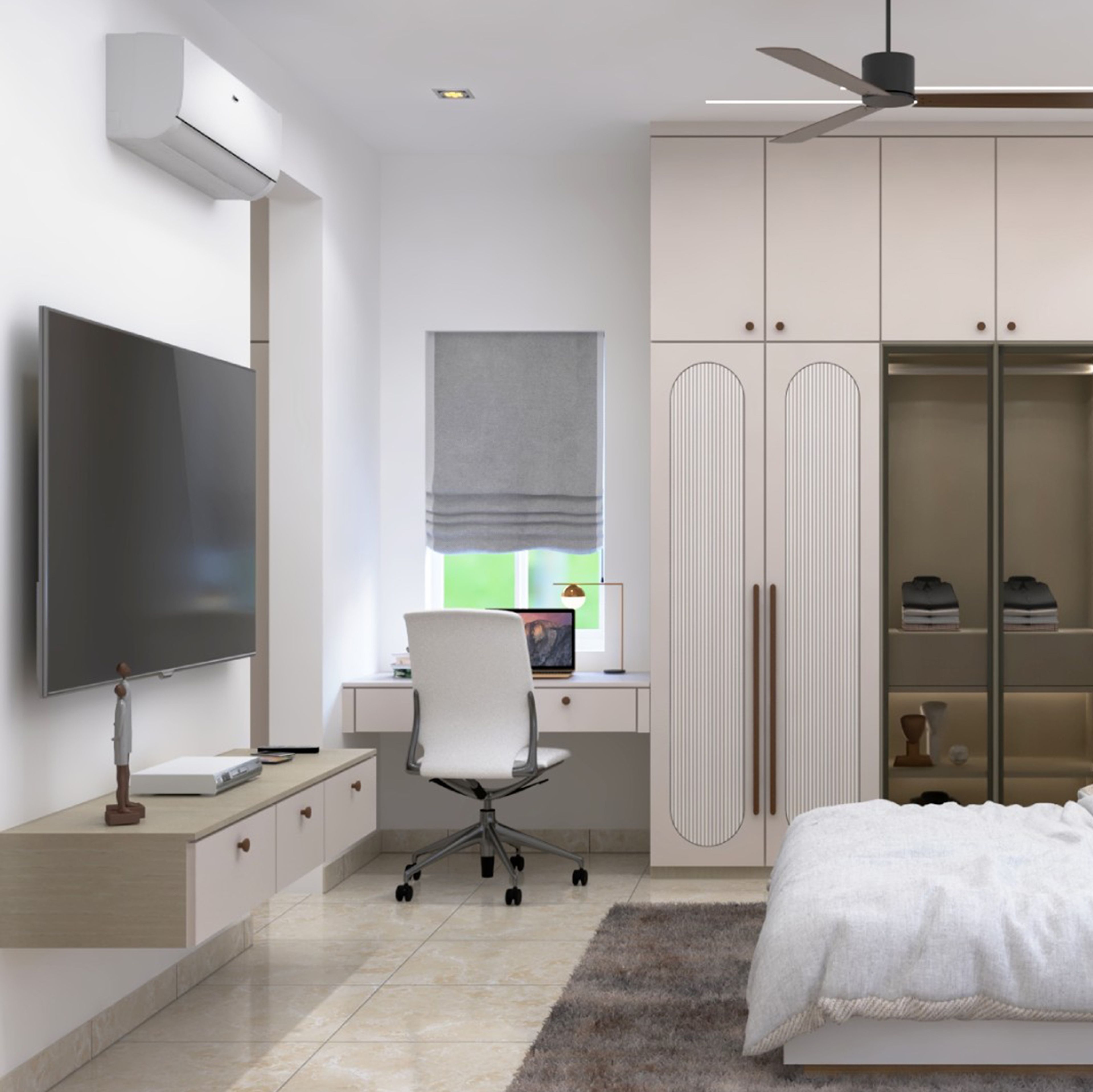 Contemporary White Home Office Design with Wardrobe and Floating Console