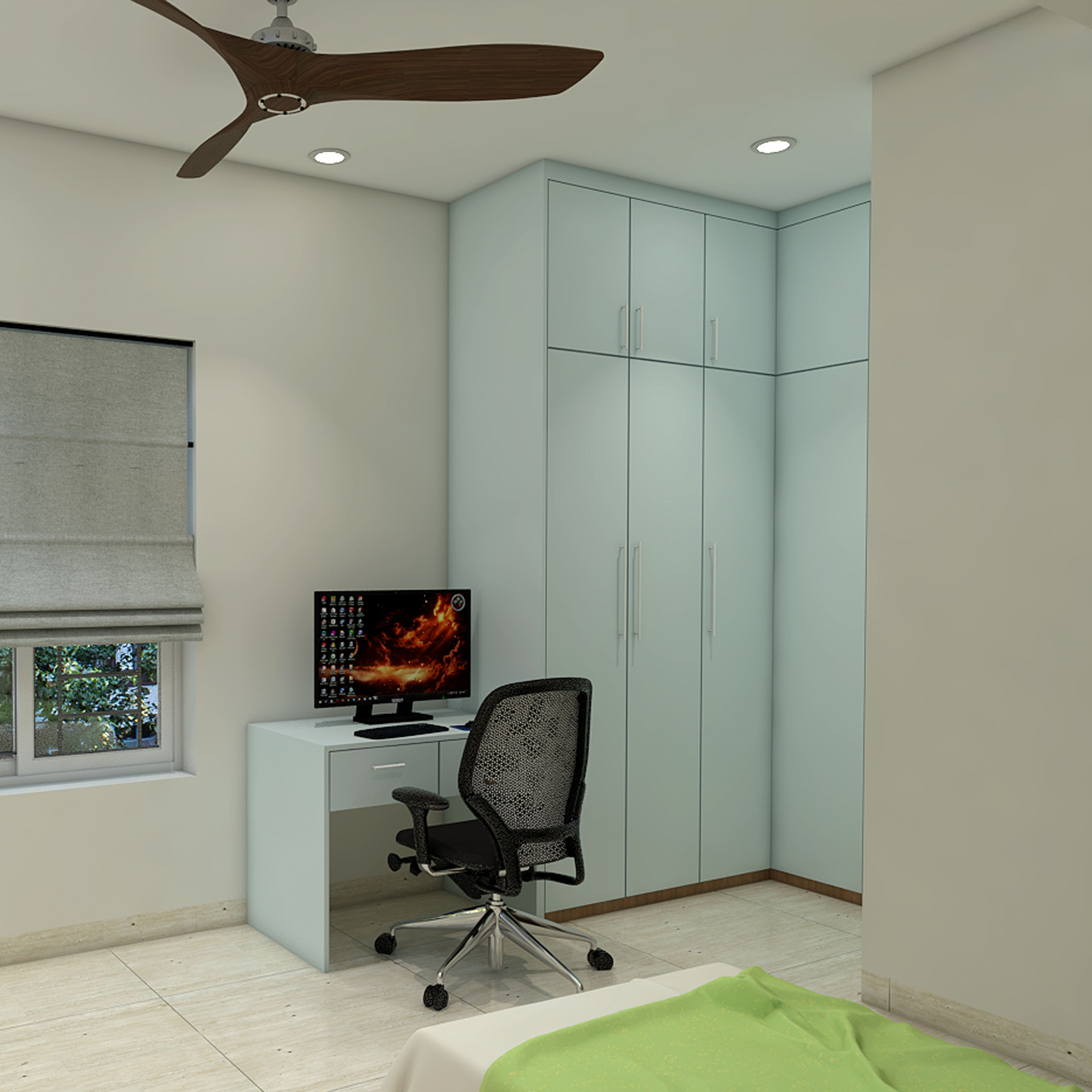 Modern Home Office Design with Floating Desk and Blue Wardrobe