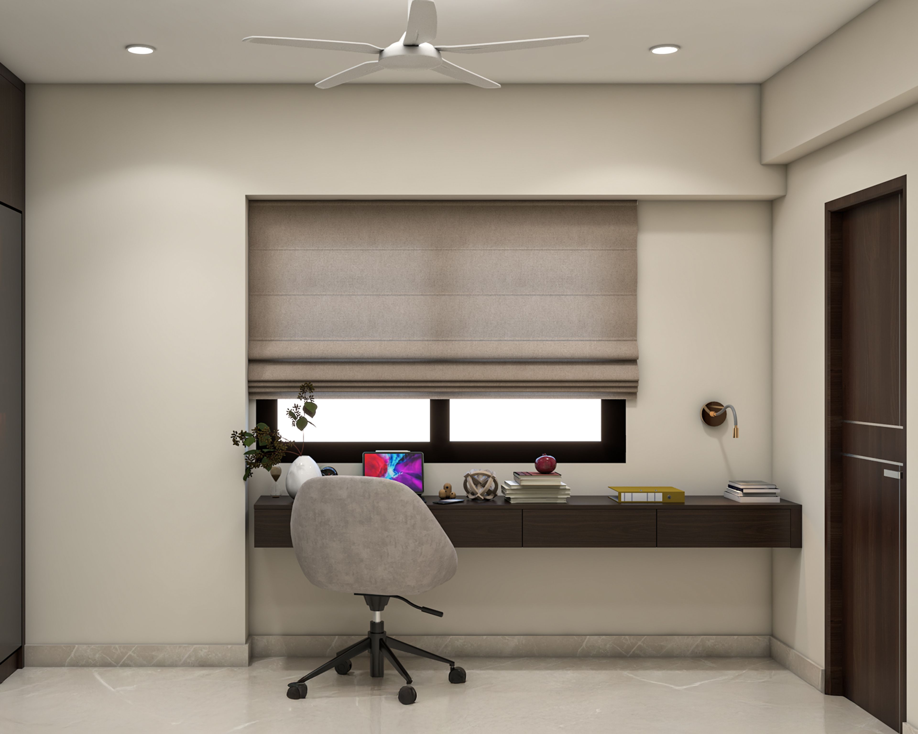 Minimal Home Office Design with Floating Desk and Drawer Storage