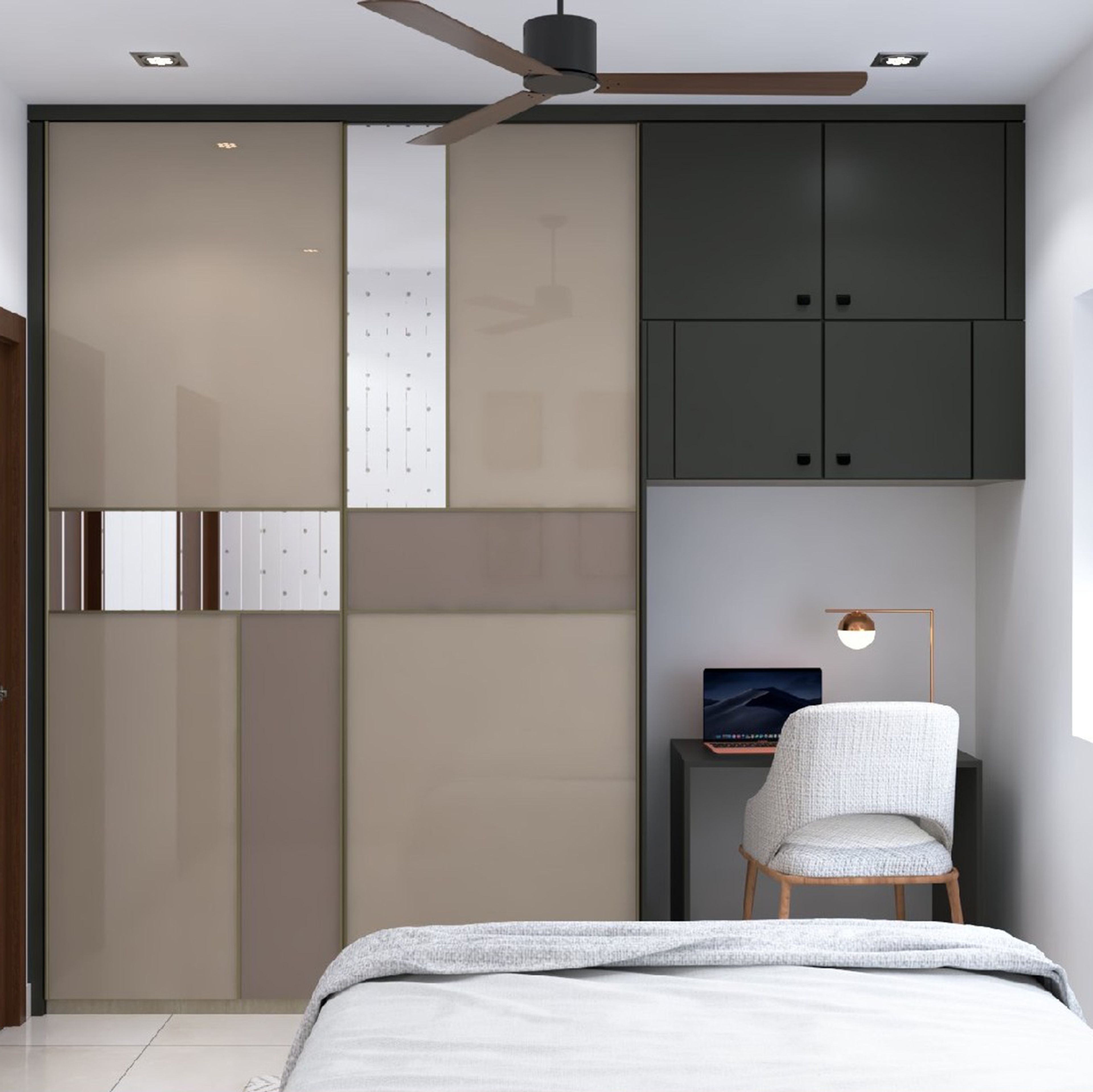 Grey Minimal Home Office Design with Sliding Wardrobe and Compact Desk