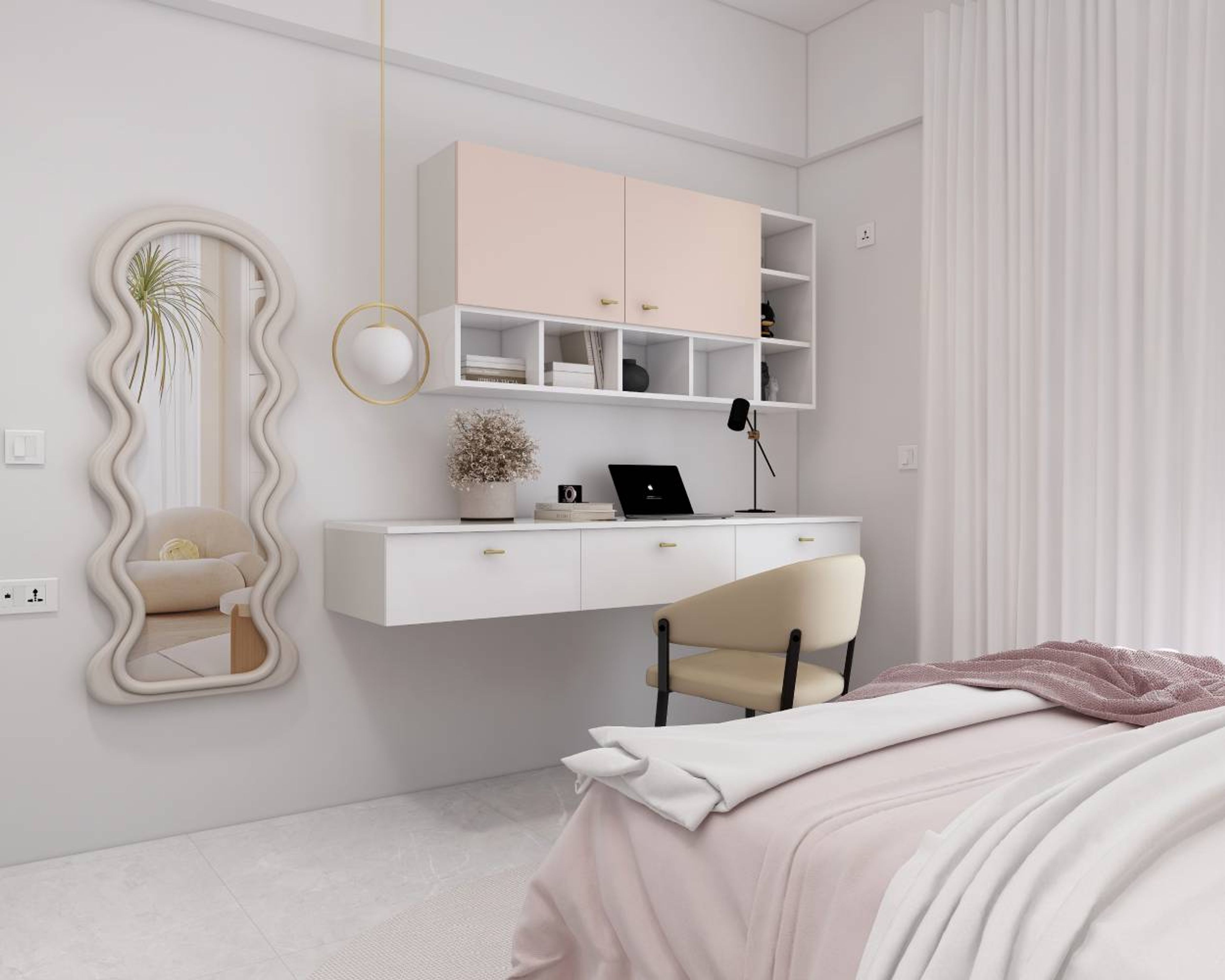 Light Rose Contemporary Home Office Design with Sculptural Mirror Feature