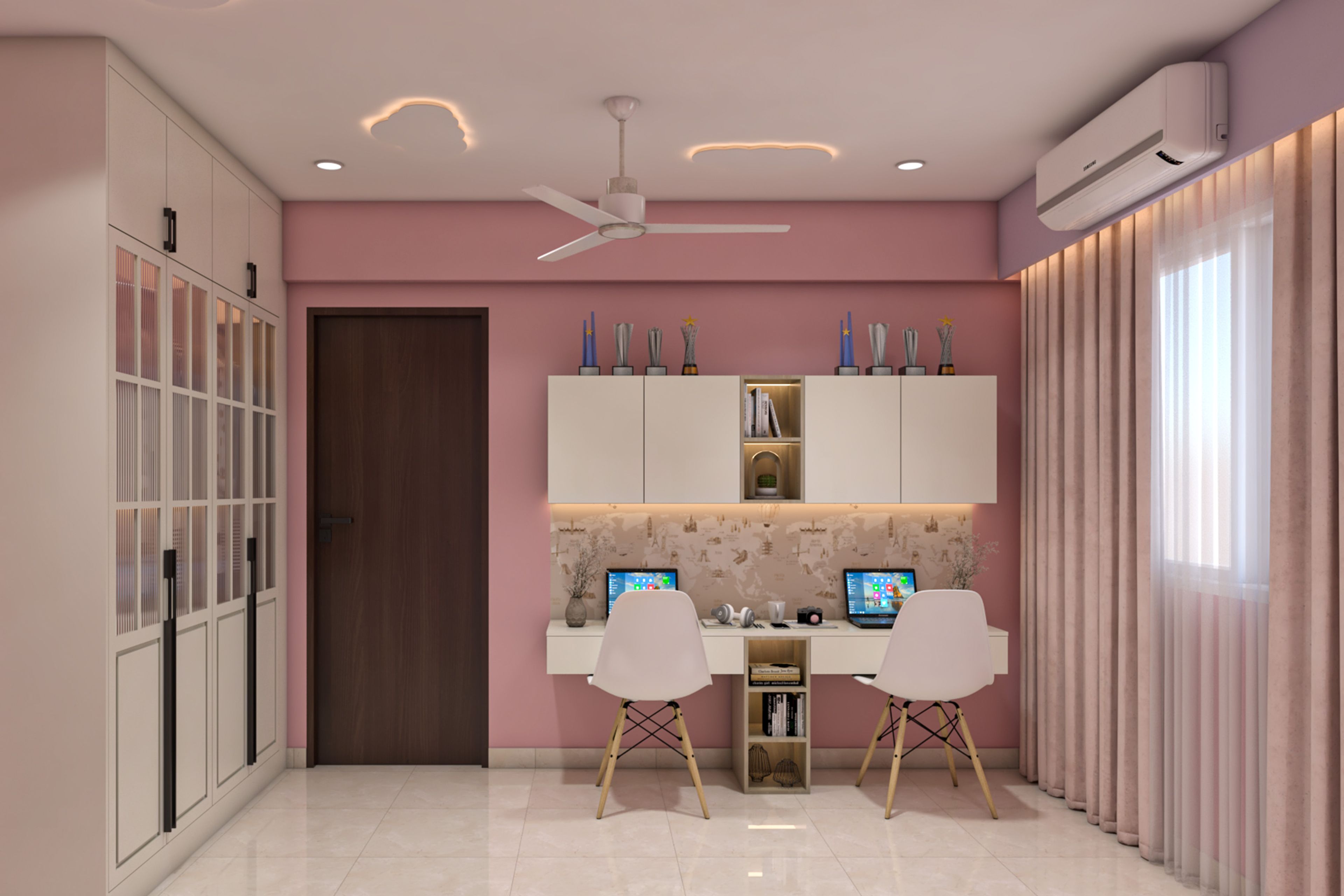 Contemporary Dual Tone Desk Home Office Design with Wall Cabinets and Matte Finish Shutters