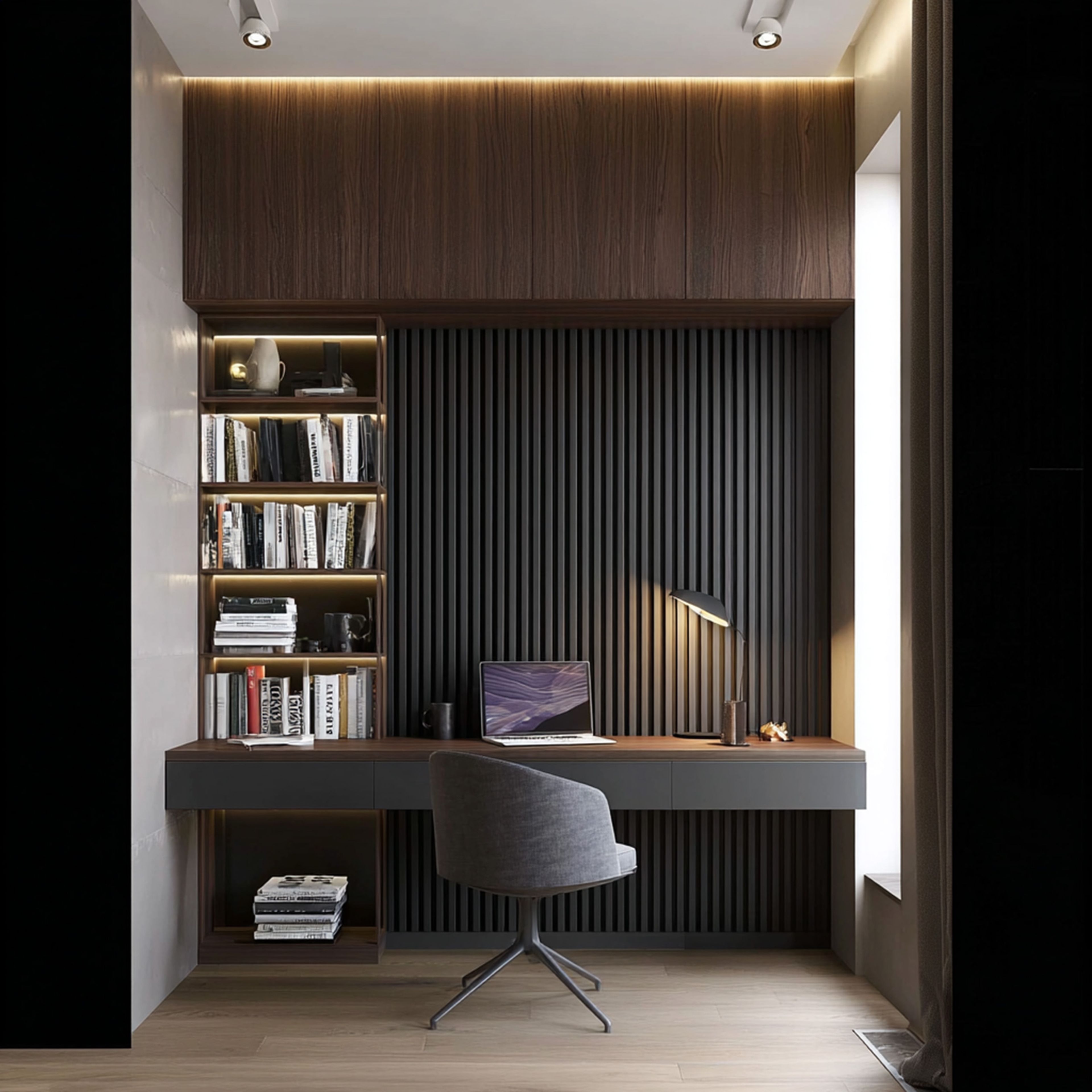 Walnut Slat Accent Wall Modern Home Office Design with Floating Desk Storage