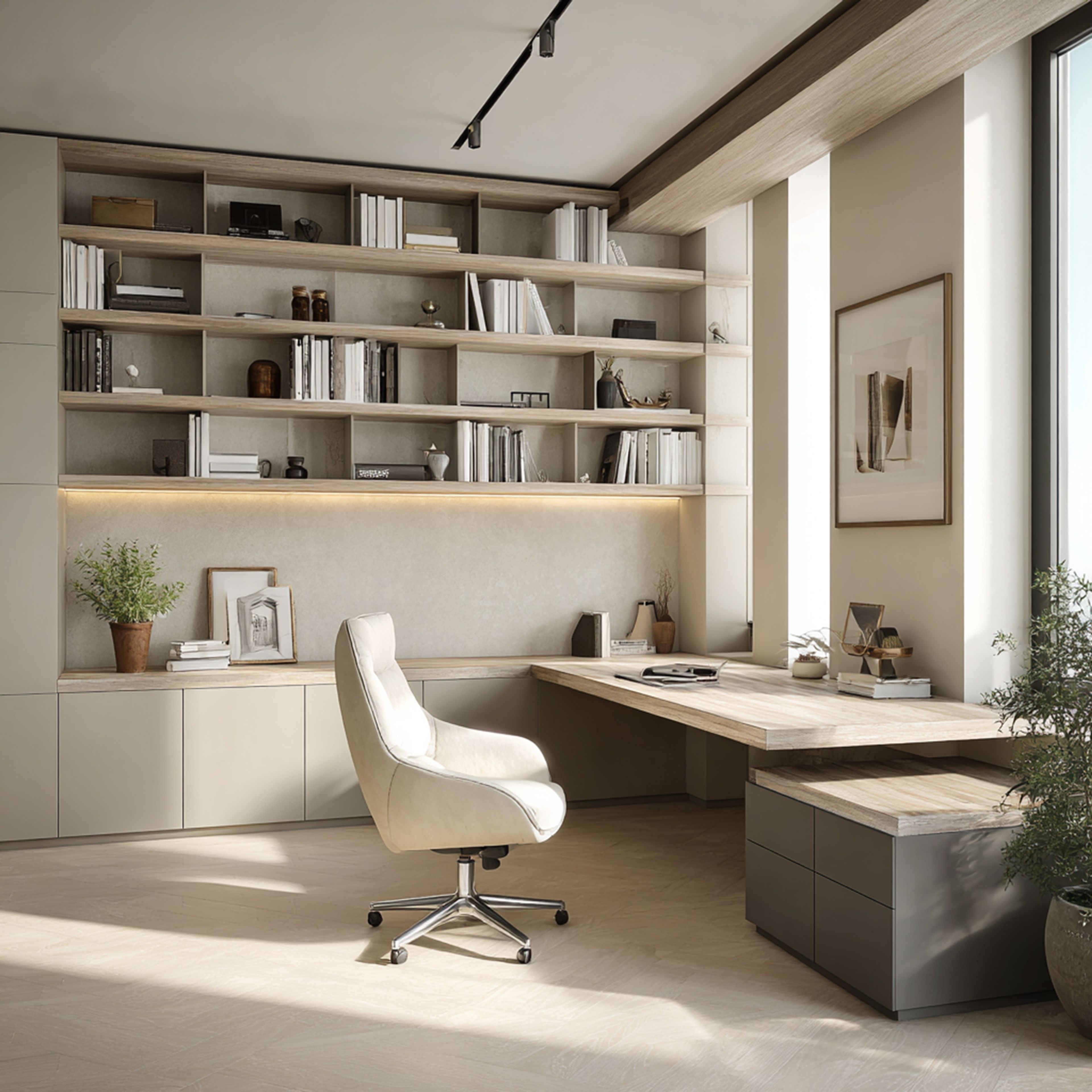 Modern Walnut and Grey Home Office Design with Large Bookshelf Workspace