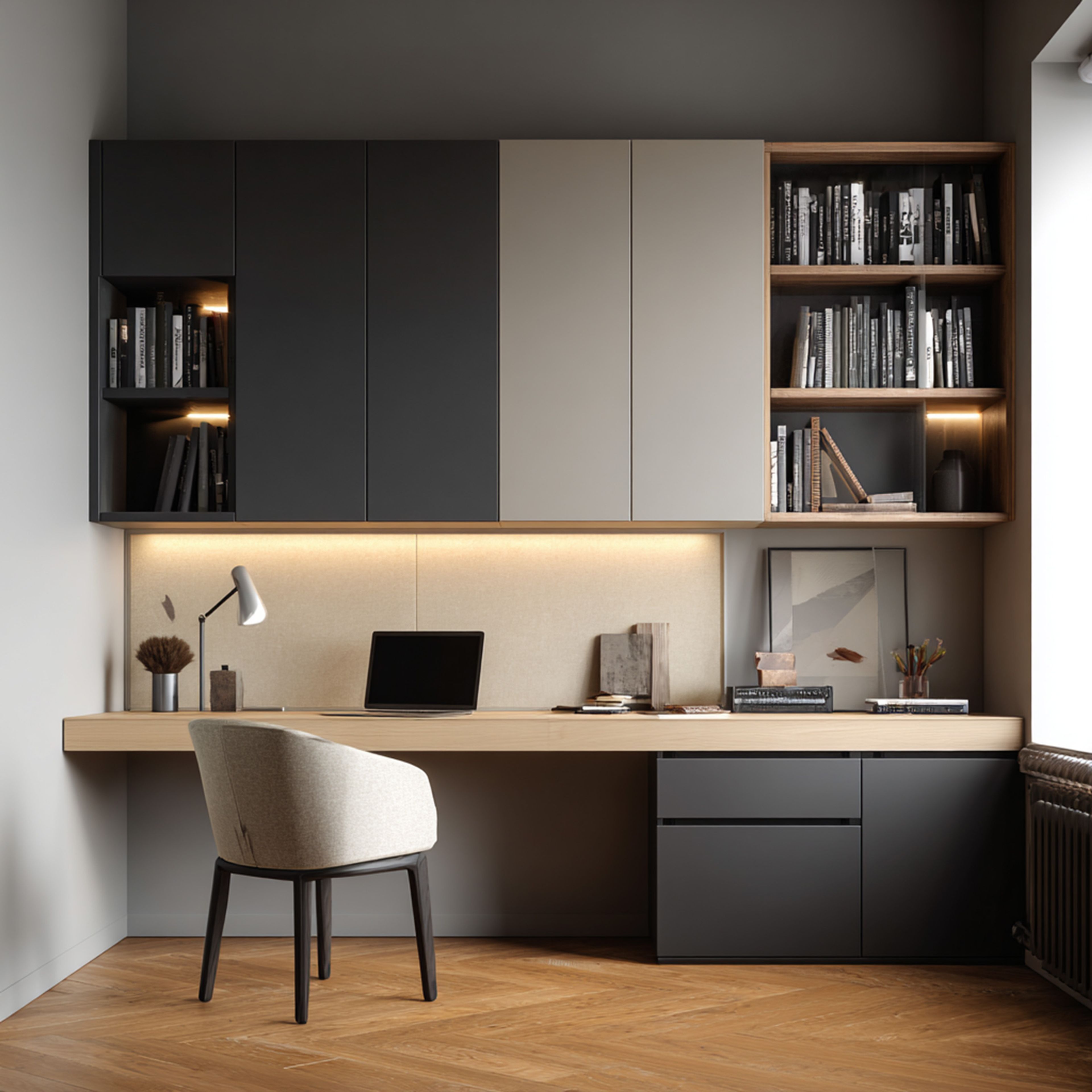 Modern Walnut and Grey Home Office Design with Floating Desk