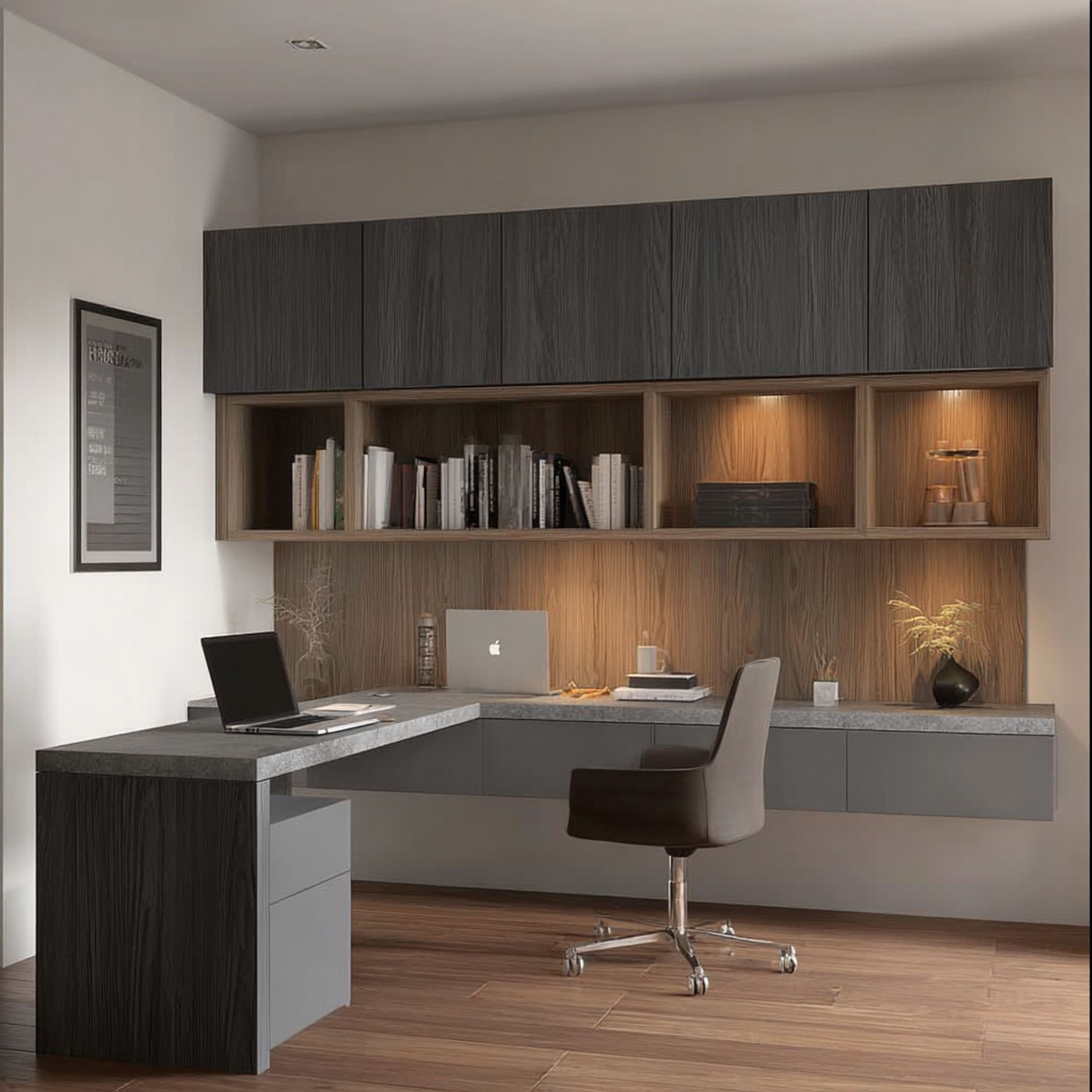 Wood and Grey Contemporary Study Home Office Design with Shelving and Drawers