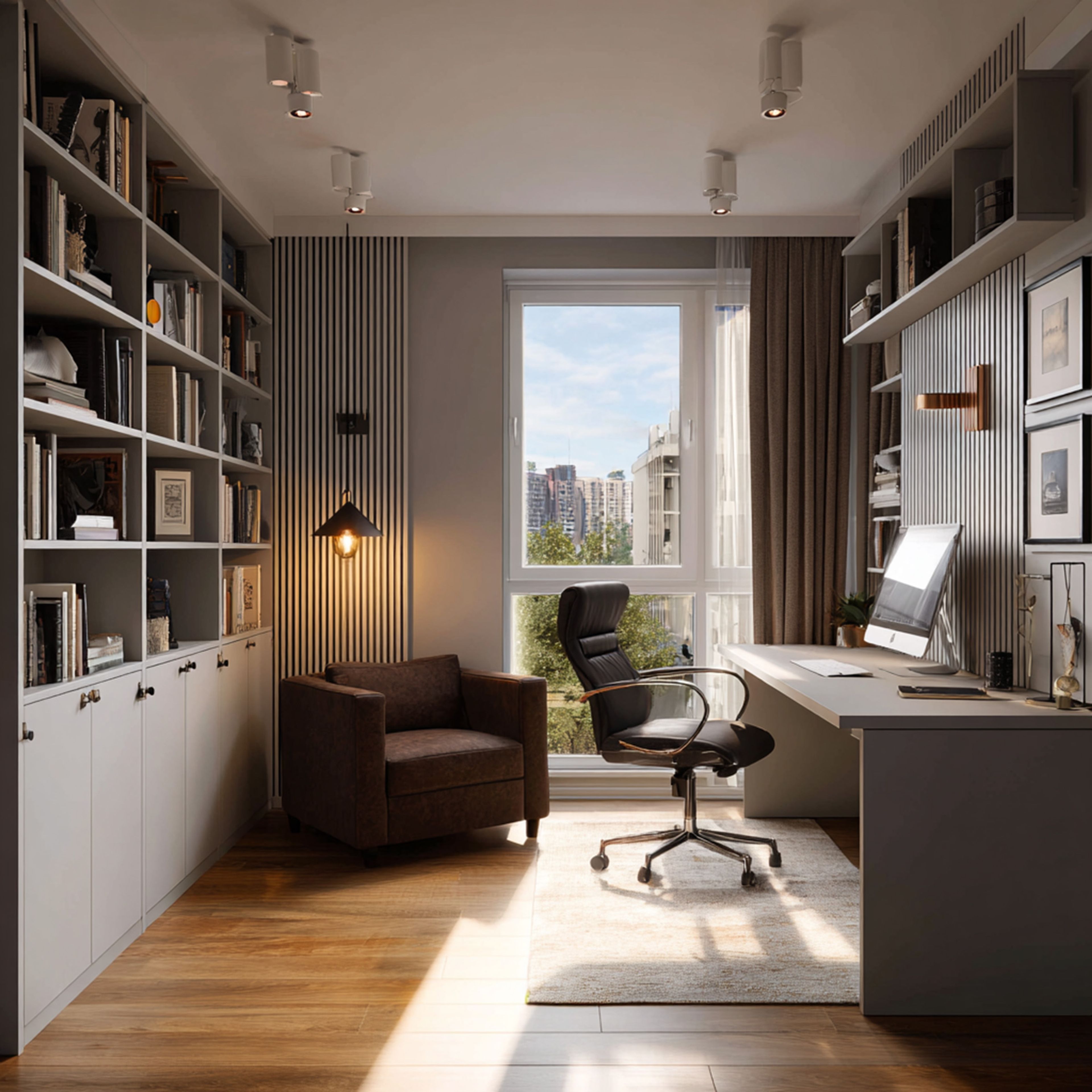Modern Home Office Design with Bookshelf Wall and Reading Chair