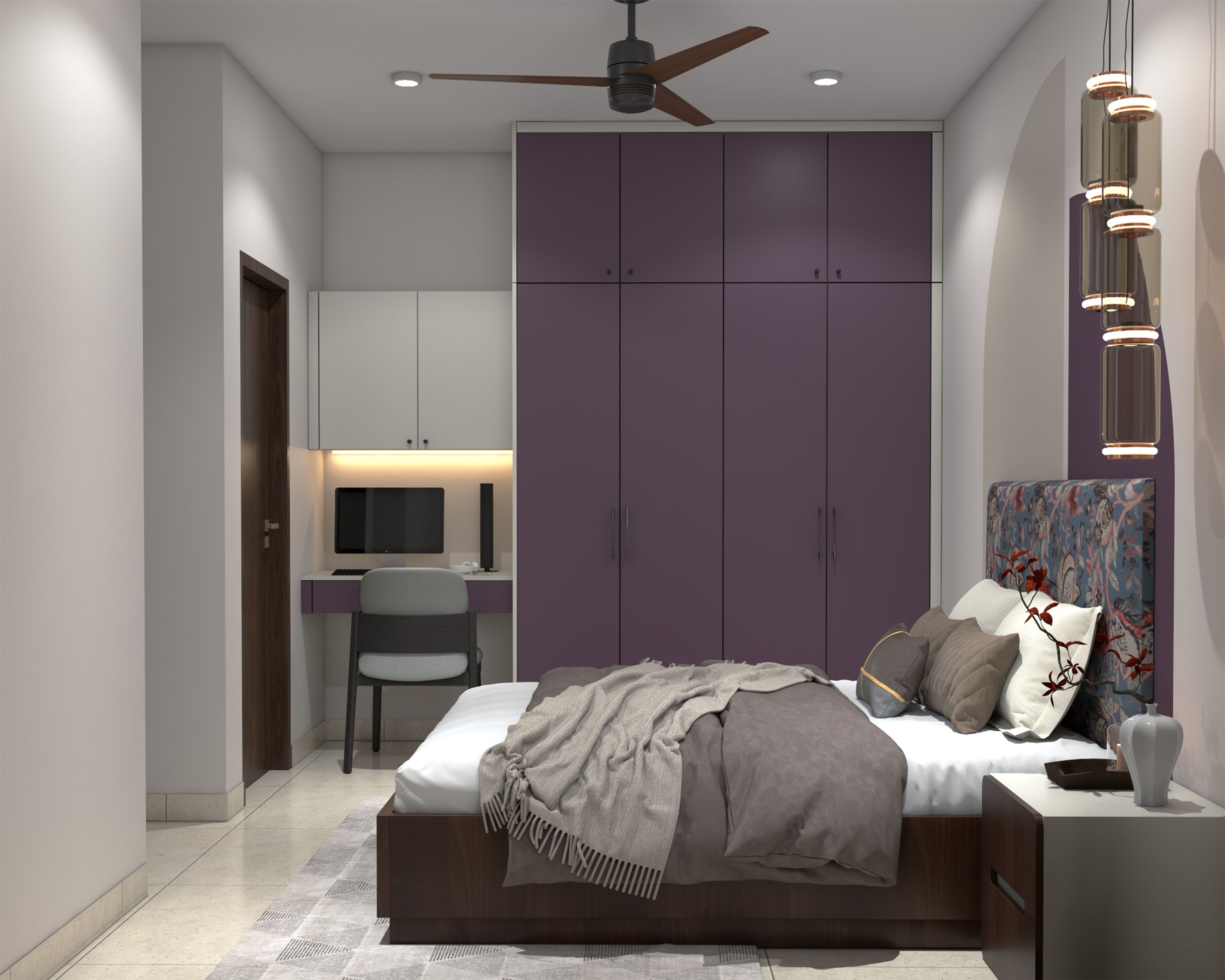 White and Purple Home Office Design with Wardrobe and Floating Desk