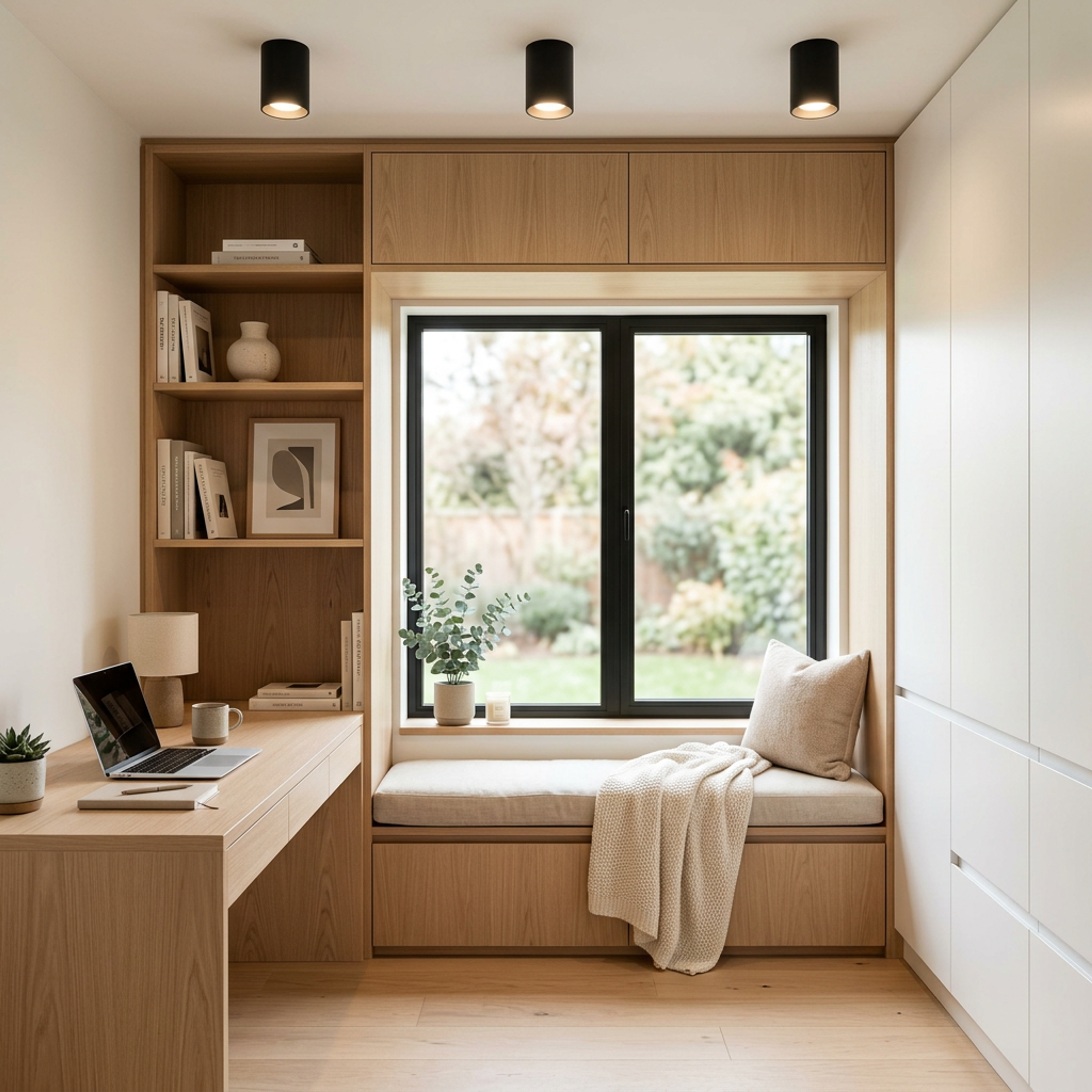 Wooden Oak Contemporary Home Office Design with Storage and Window Seating