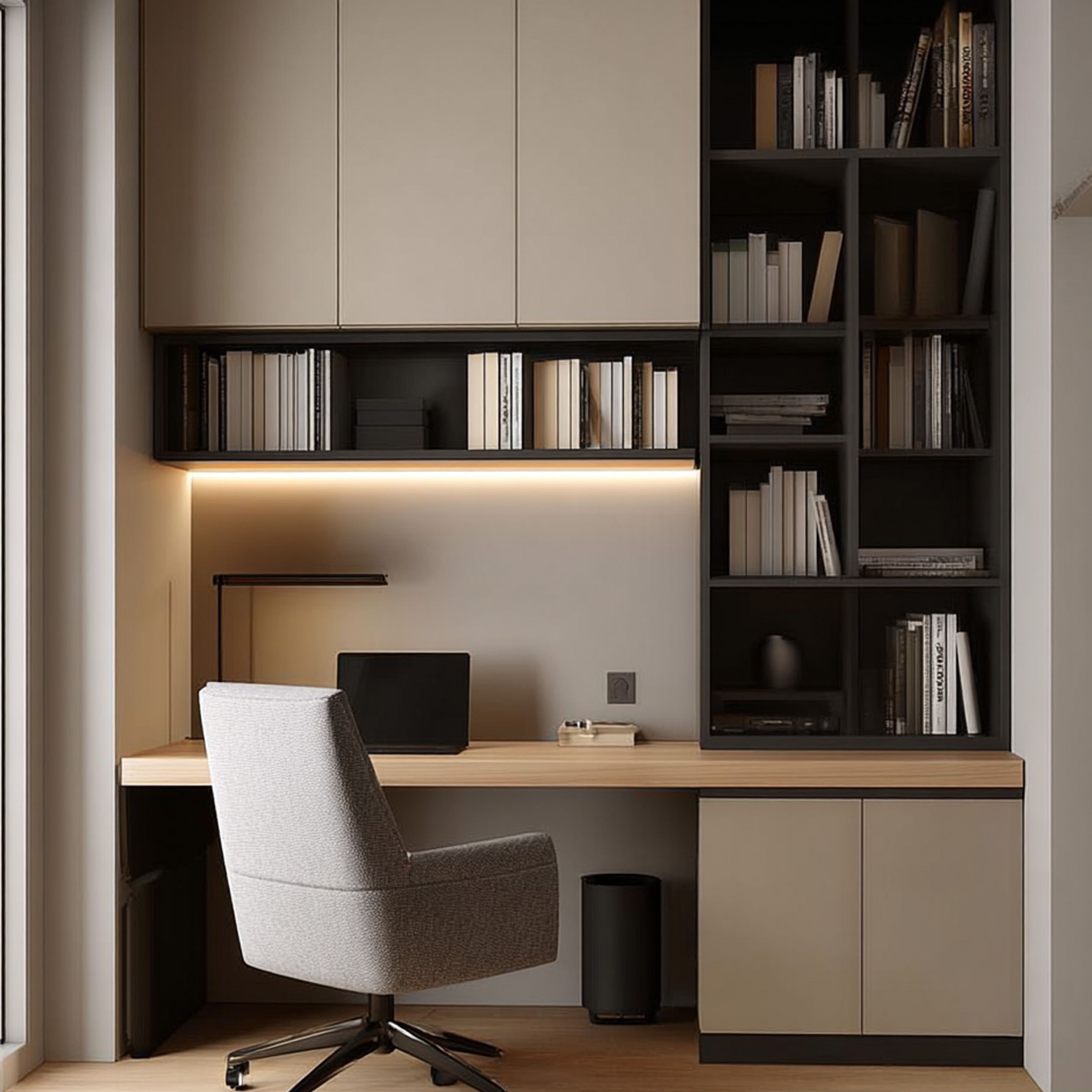 Grey and Charcoal Contemporary Home Office Design with Bookshelves and Desk