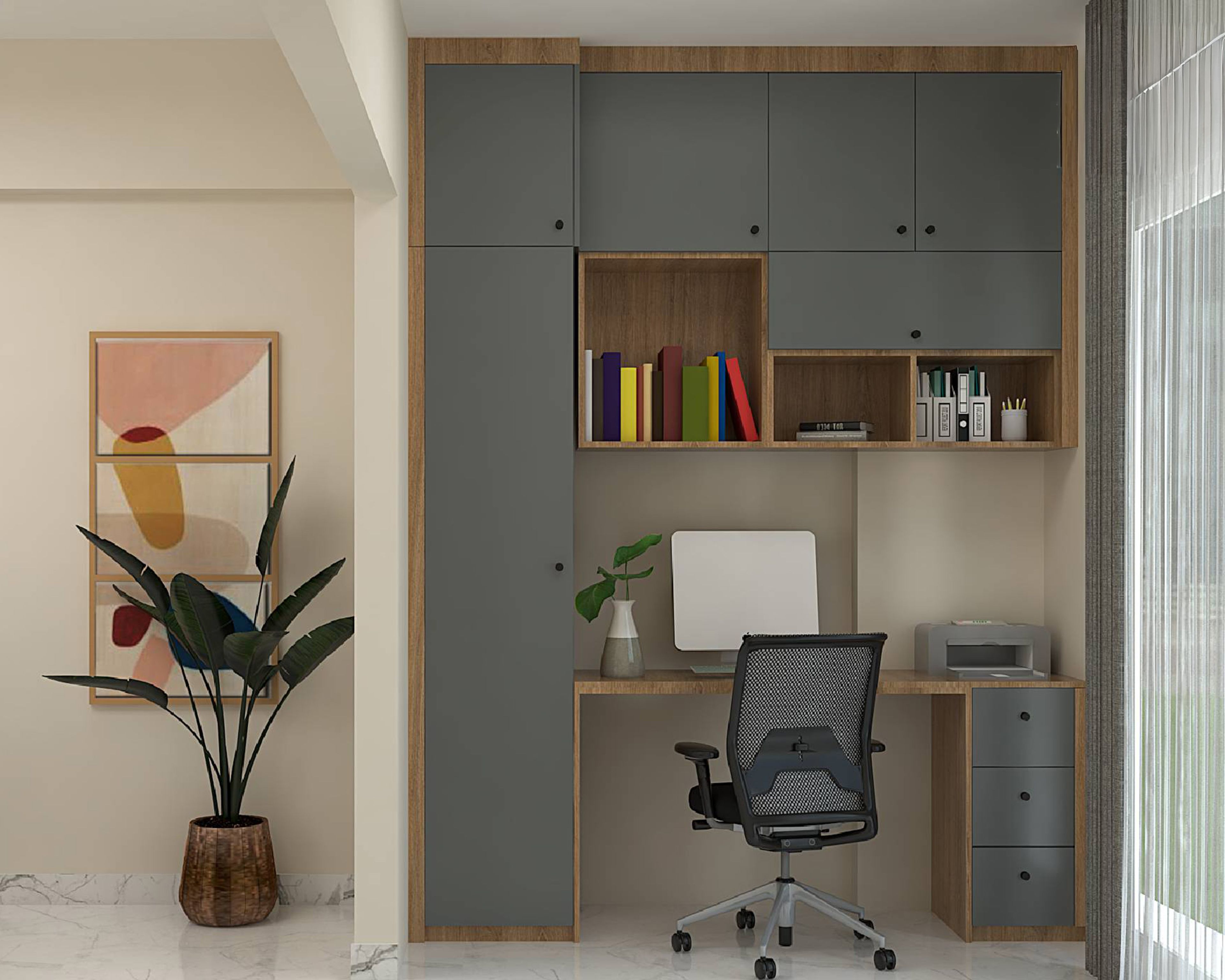 Grey and Walnut Bronze Modern Home Office Design with Built In Storage