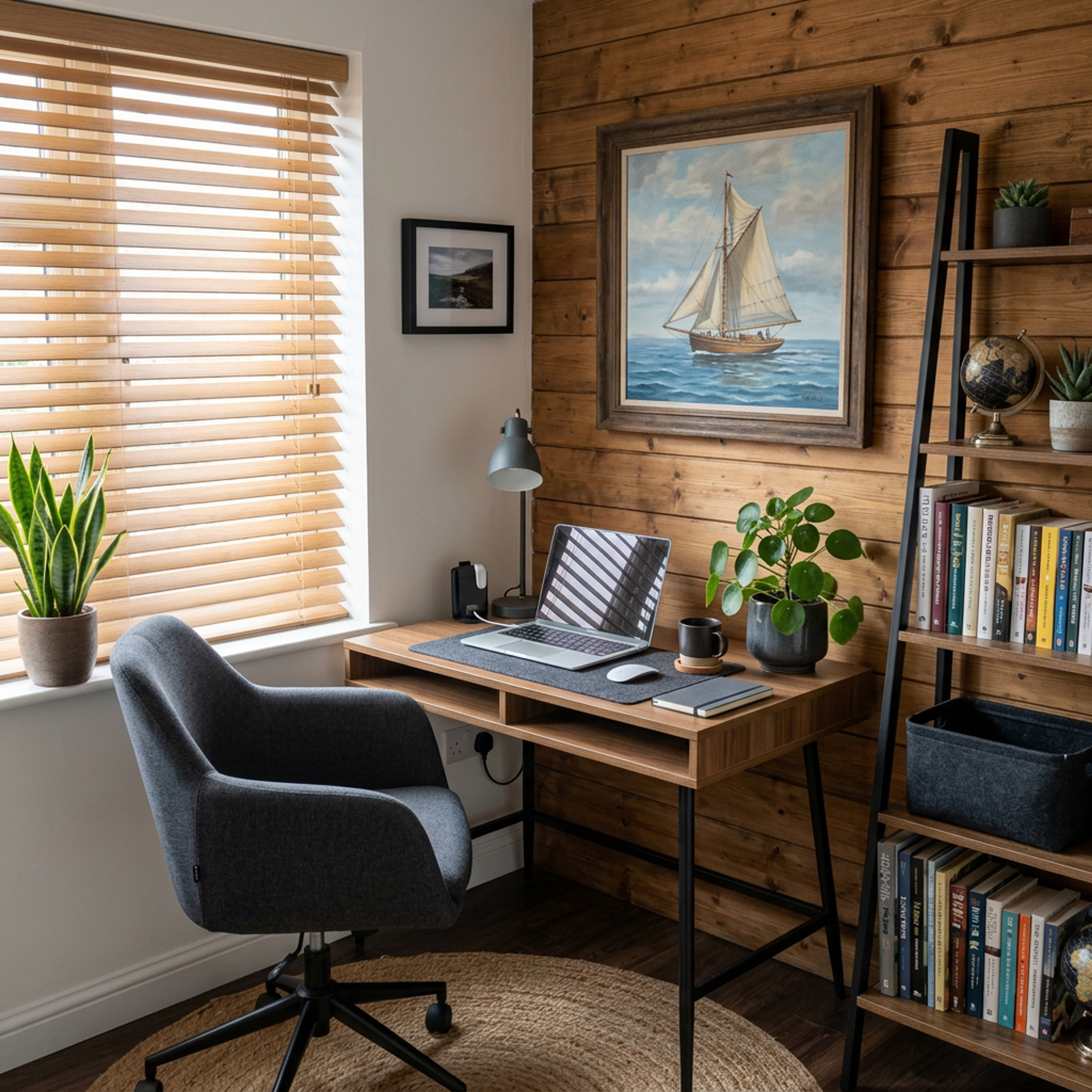 Walnut Contemporary Home Office Design with Wooden Storage and Desk