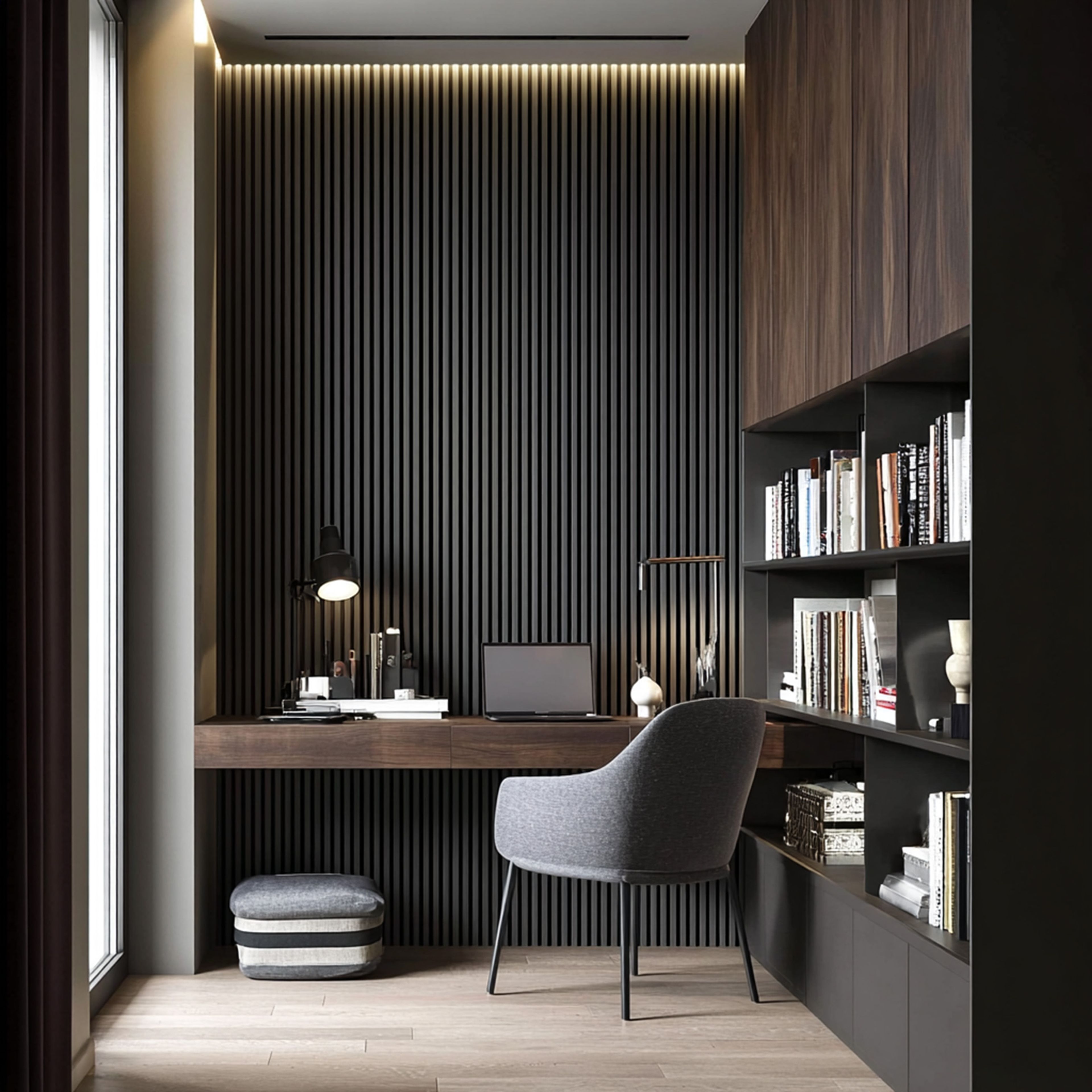 Modern Slatted Wall Home Office Design with Floating Study Desk