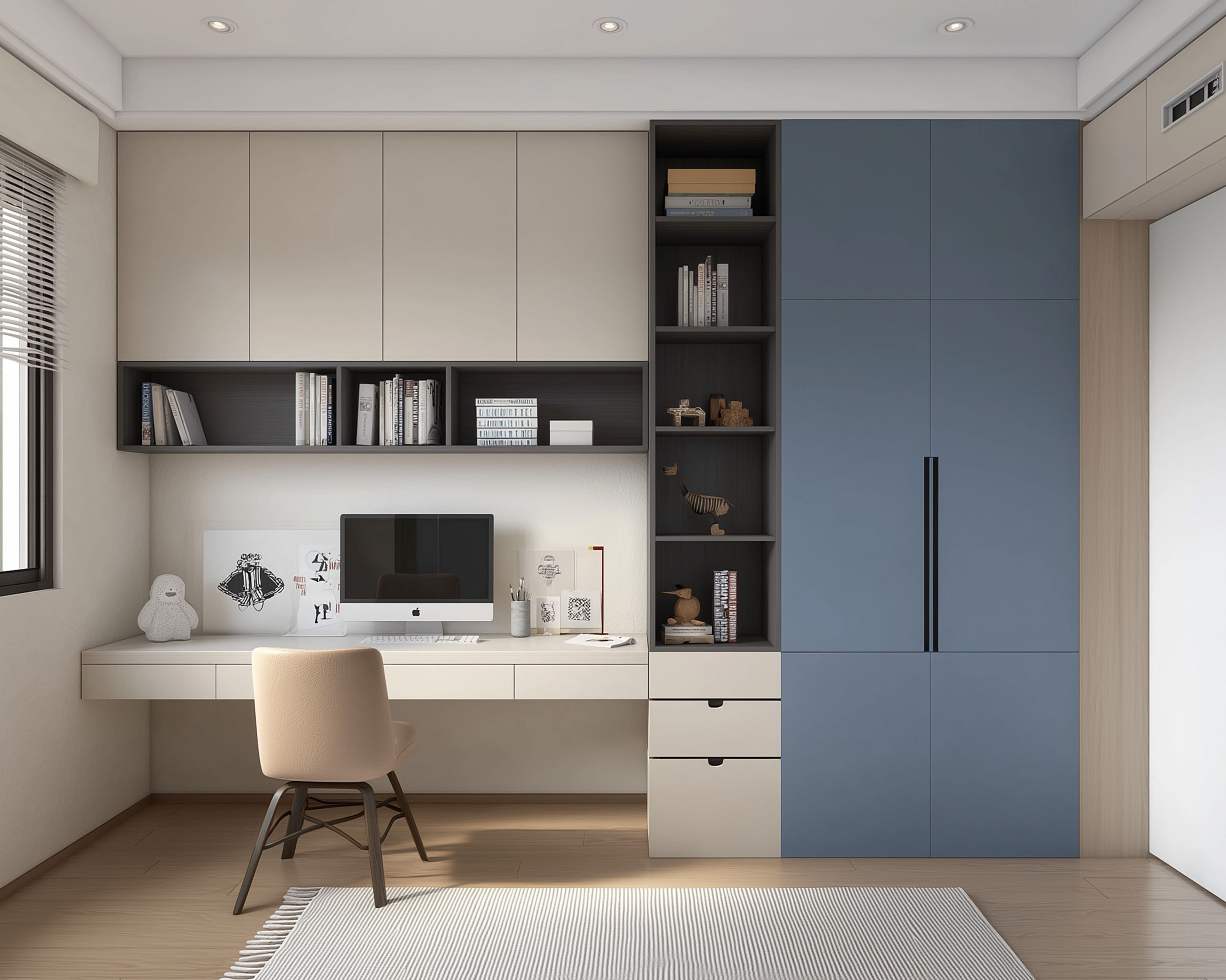 Modern Beige Home Office Design with Floating Desk and Blue Cabinet