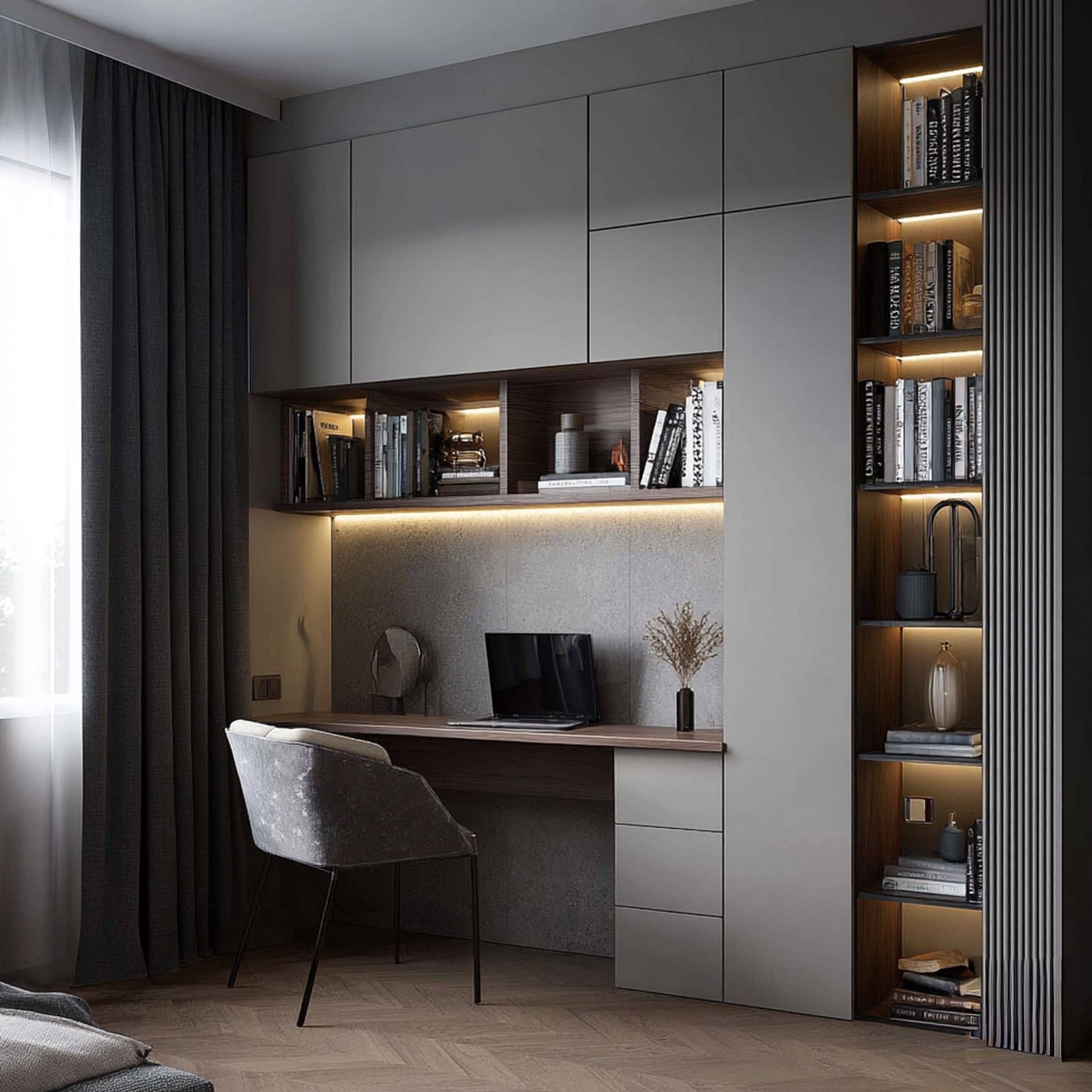 Modern Grey Home Office Design with Floating Desk Storage and Bookshelf