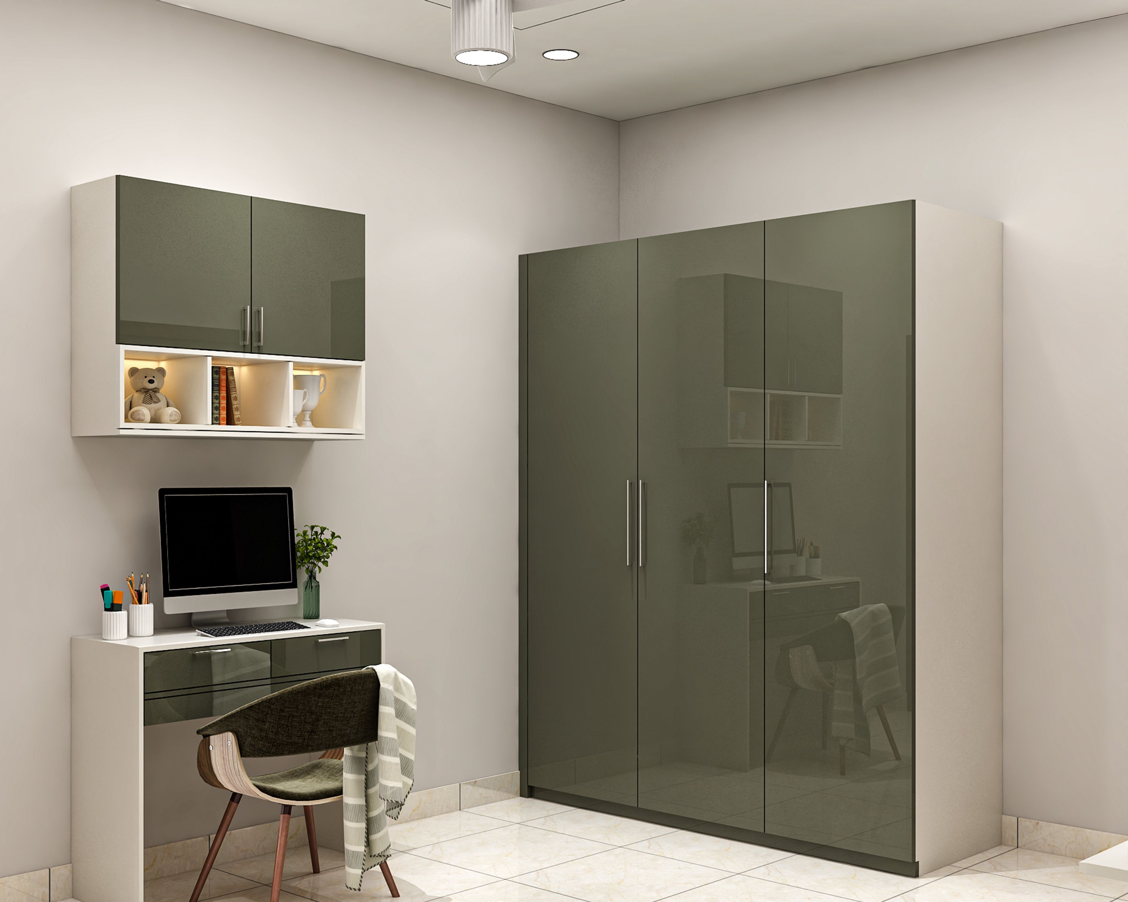 Modern Green and White Gloss Finish Home Office Design with Mirrored Wardrobe