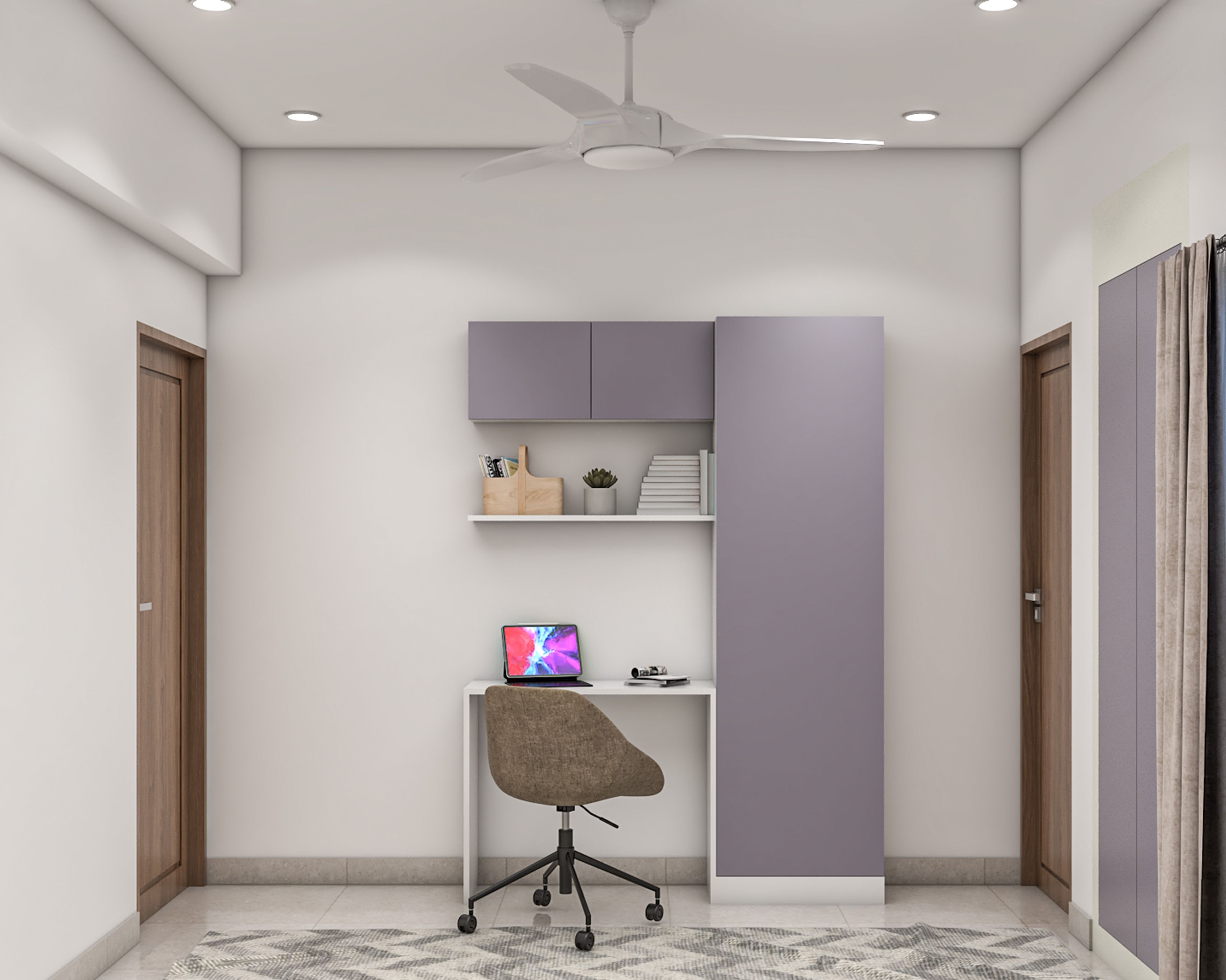Minimal Lavender and White Home Office Design with Vertical Storage