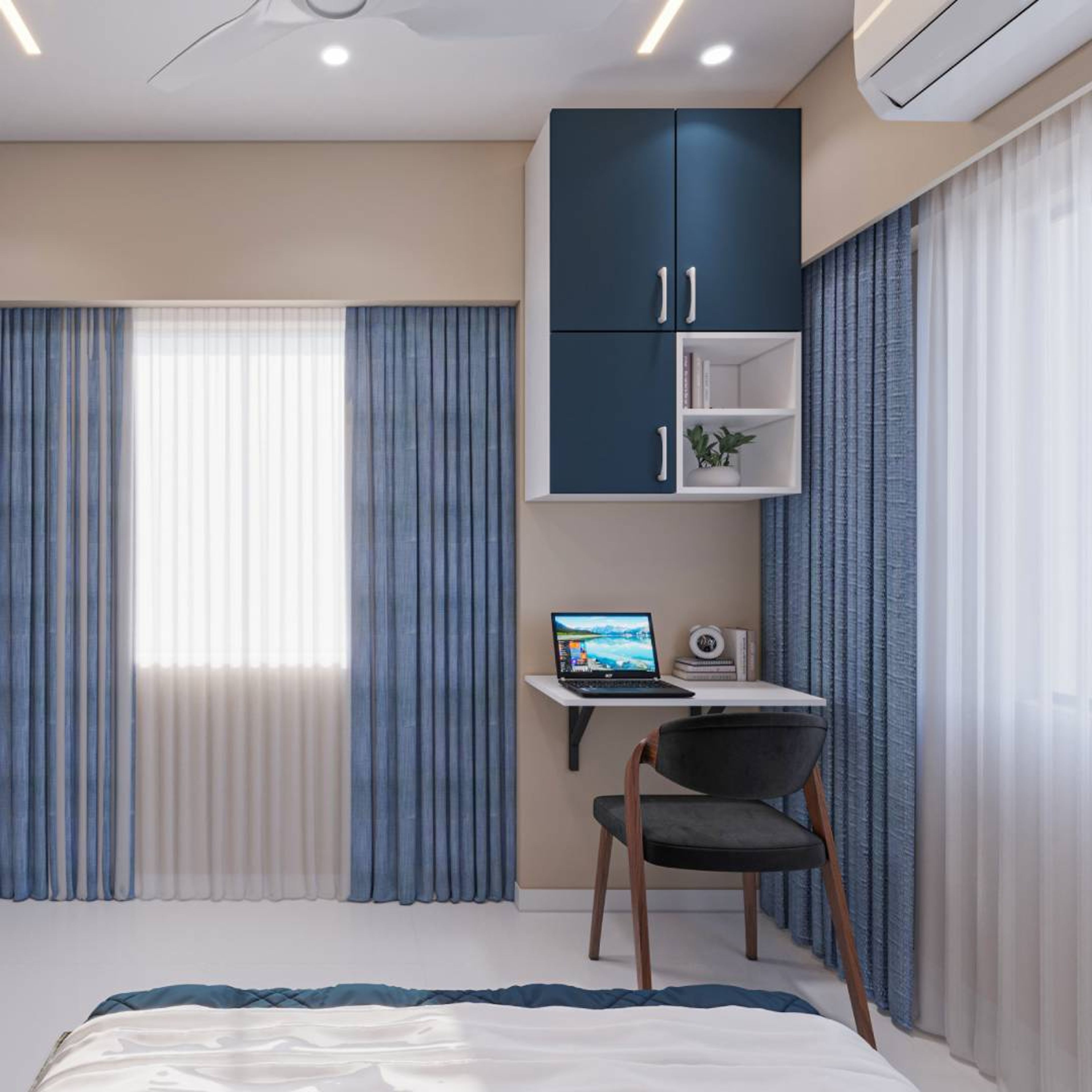 Blue and White Contemporary Home Office Design with Foldable Desk