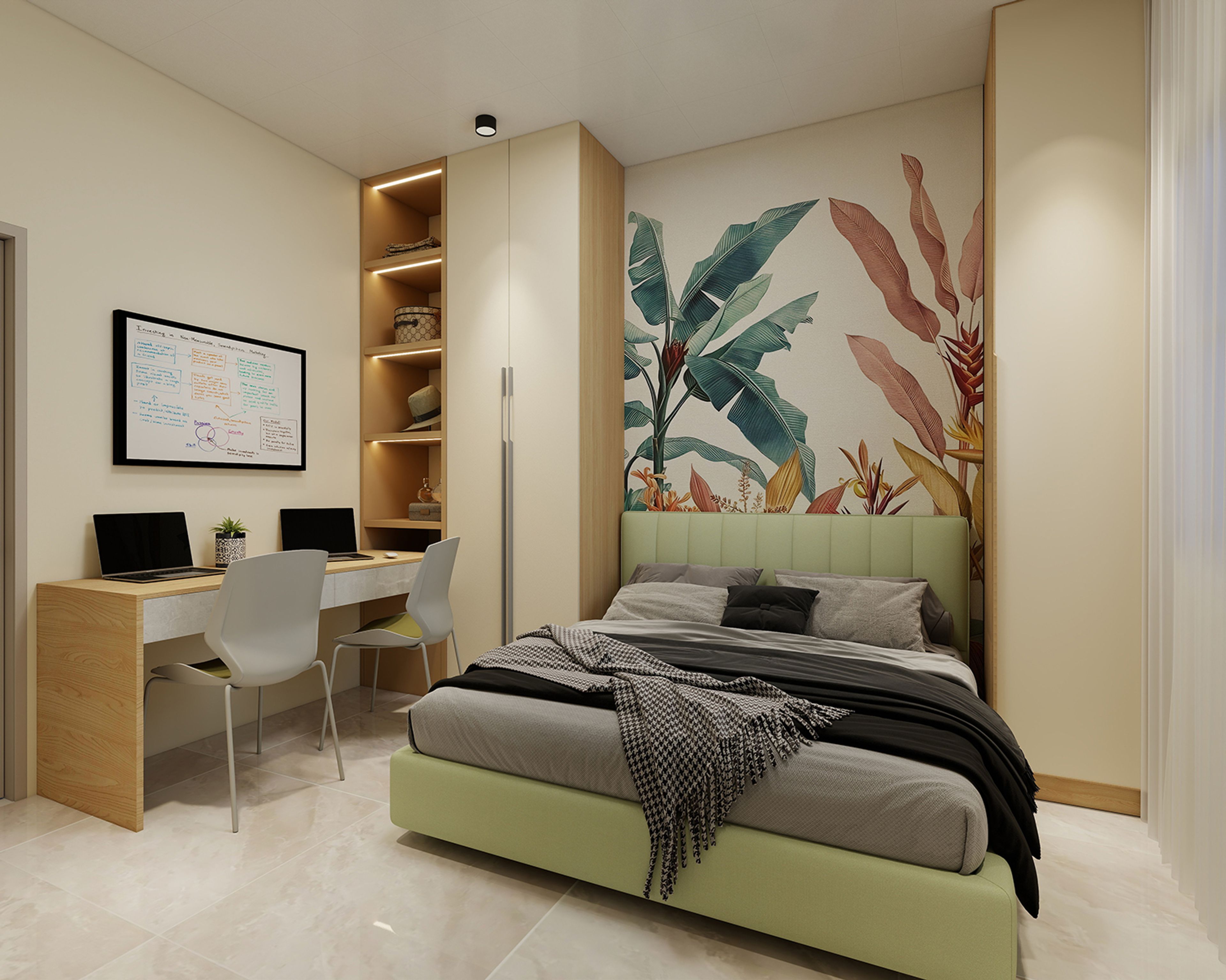Modern Kids Bedroom Design with Botanical Wall and Integrated Study